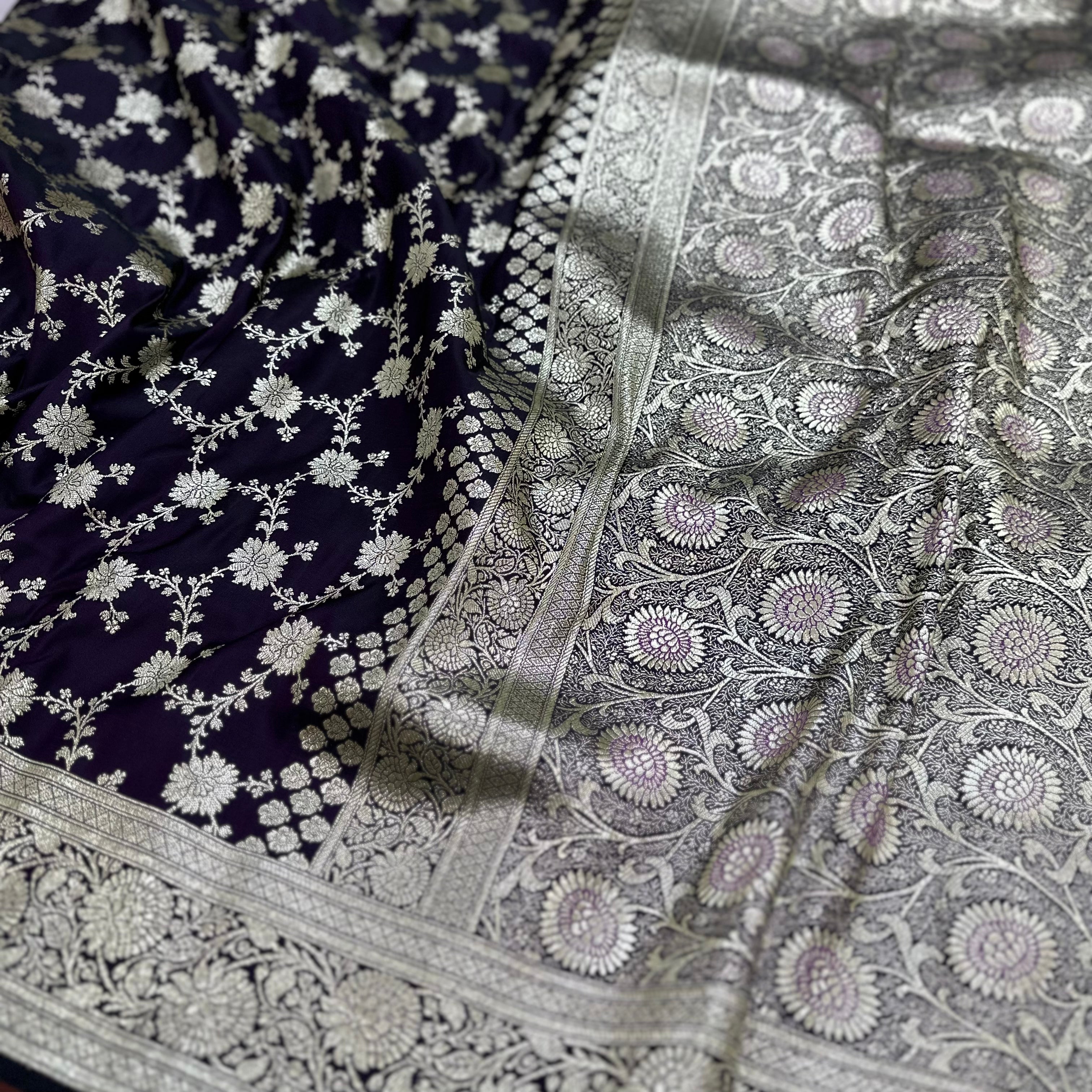 Dark Magenta Shades Jaal Satin Katan Silk Saree SK19