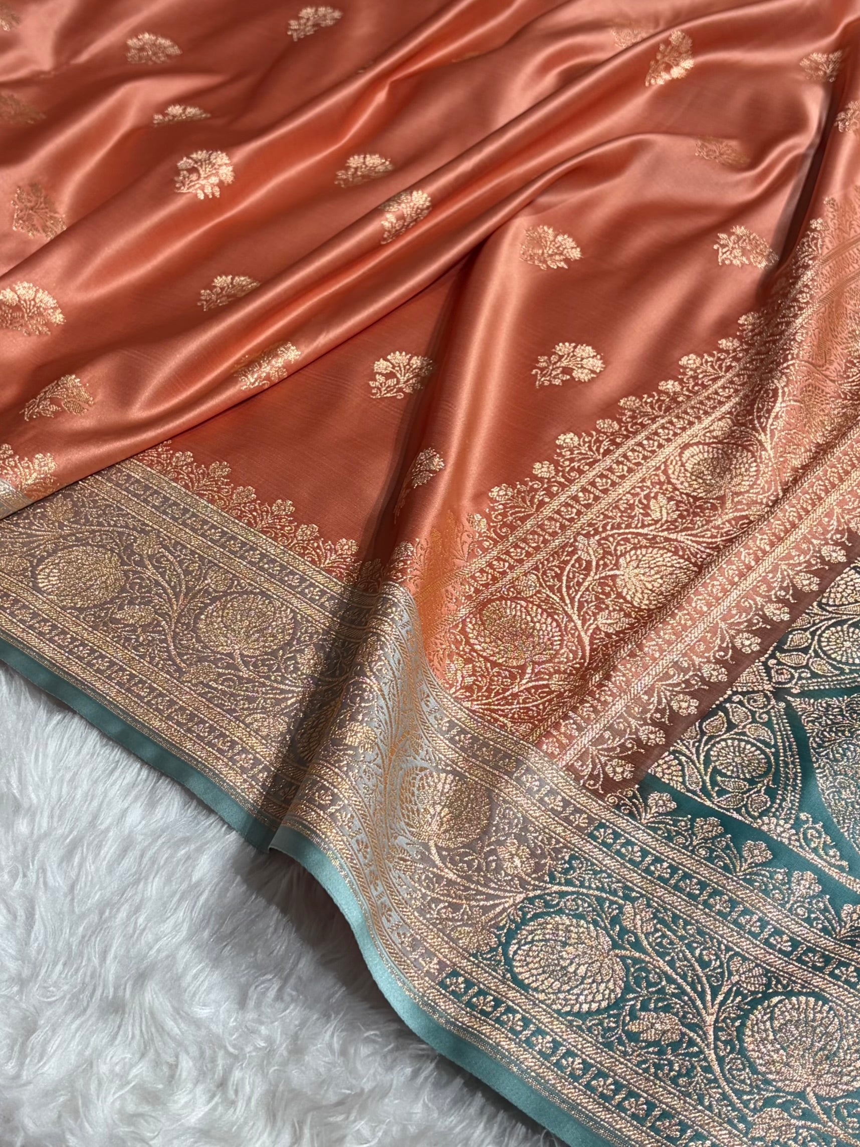 Rose Peach - Turquoise Banarasi Boota Katan Silk Saree SKM29