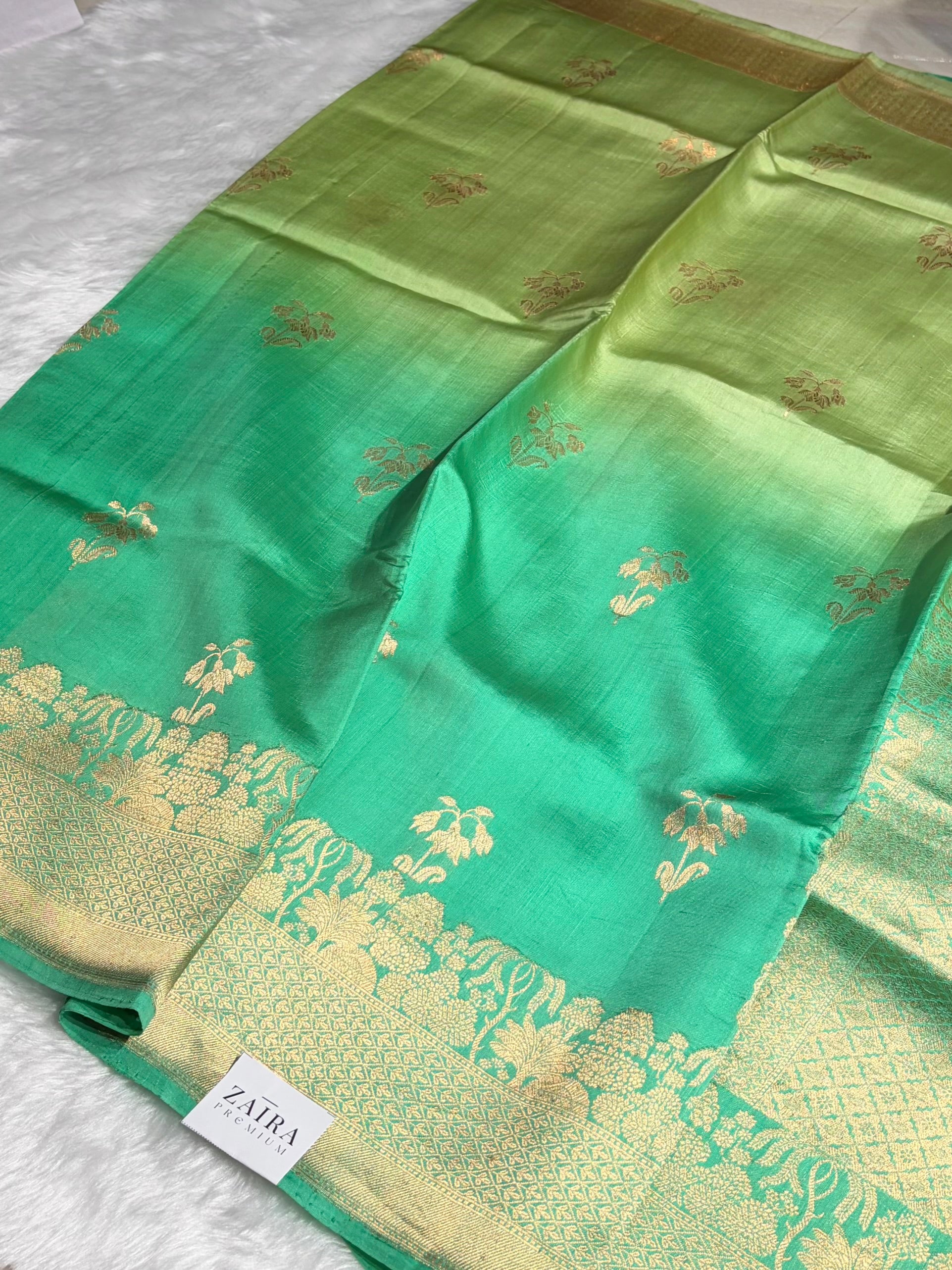 Ombré Sea Green with Pista Shades Boota Handwoven Pure Raw Mango Silk RM-17