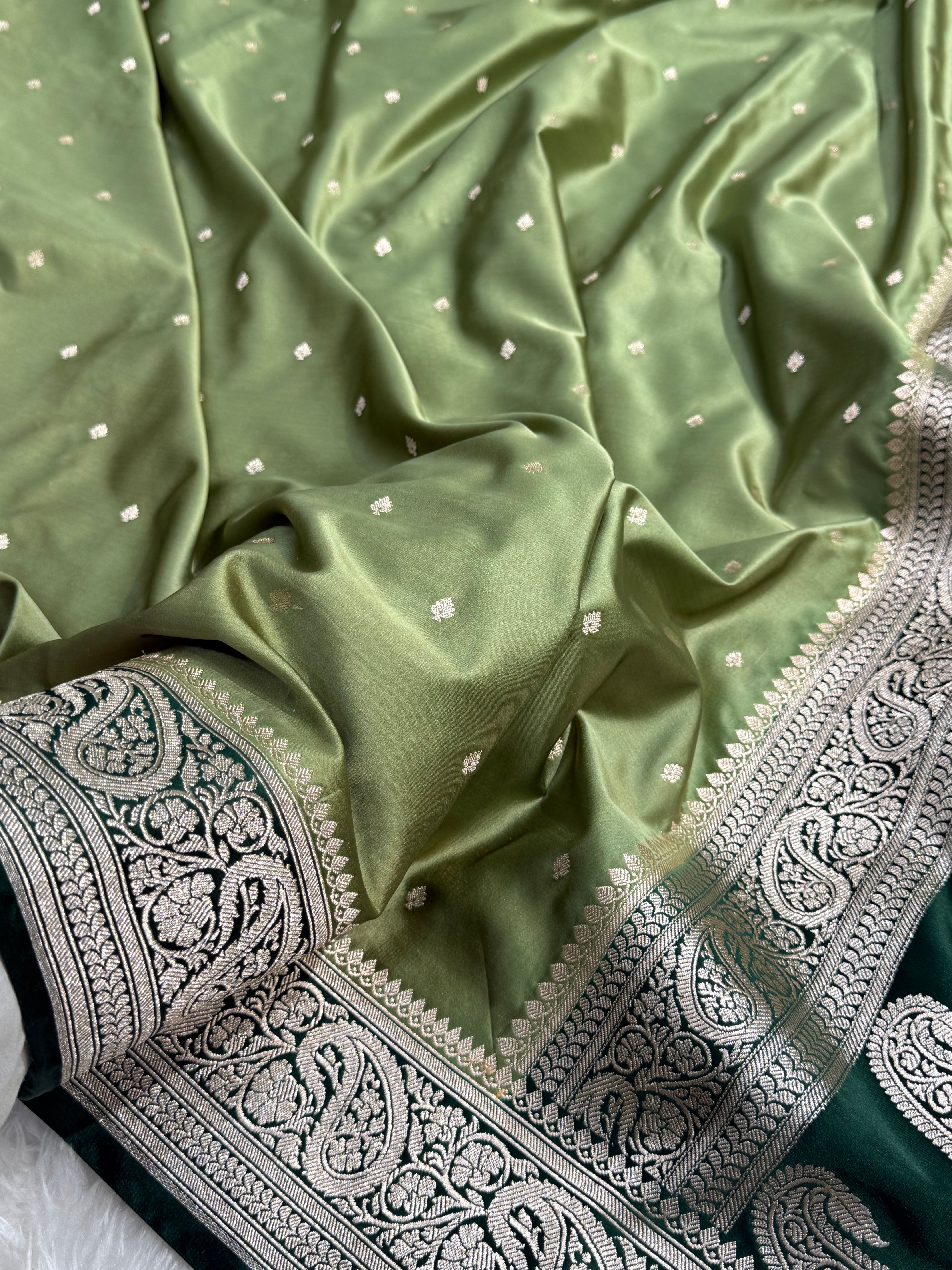 Sage Green - Bottle Green 2D Tone Booti Mashru Silk Saree