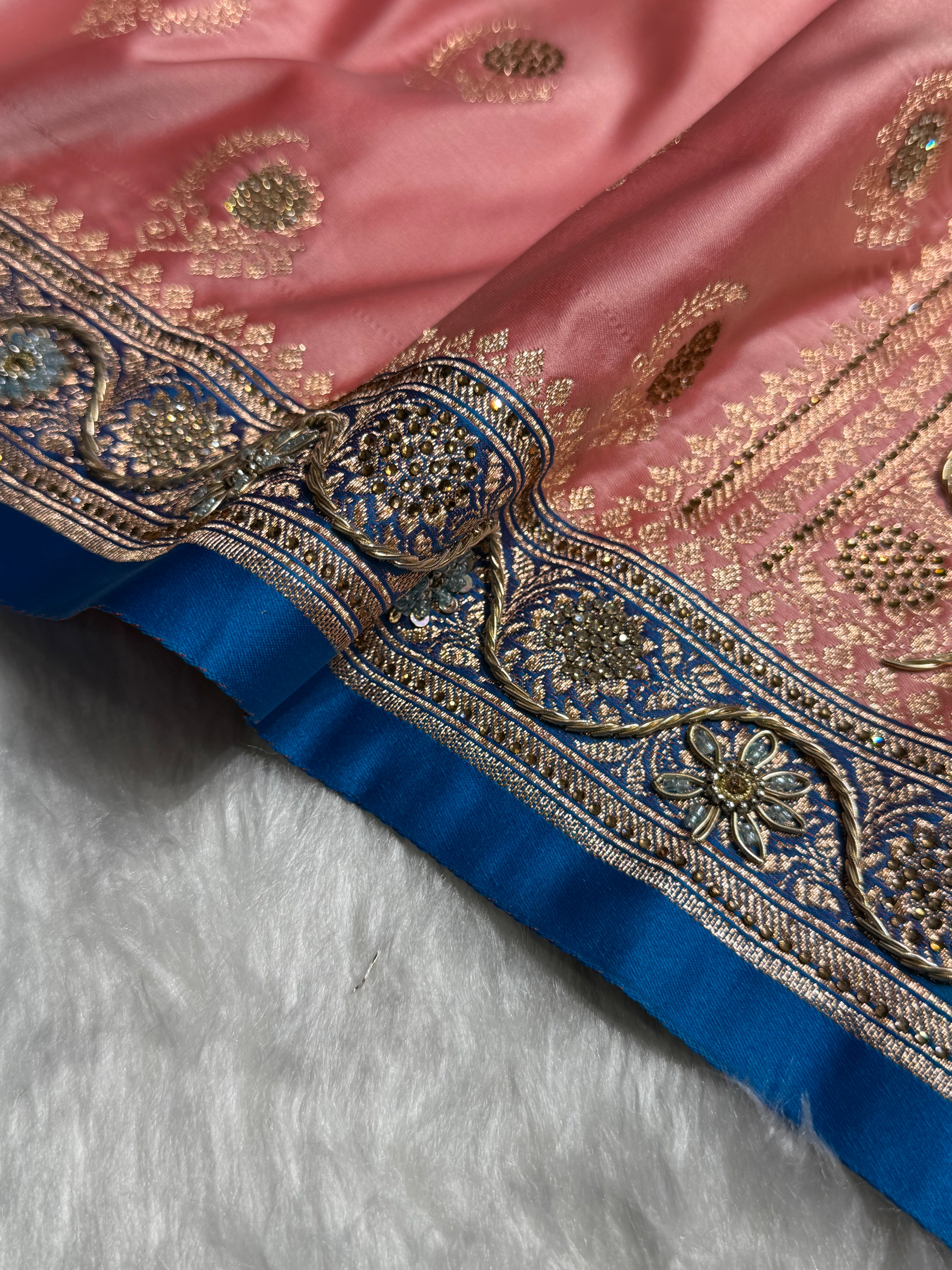 Light Pink with Blue Contrast Floral Boota With Swarovski & Zardozi Work Satin Katan Silk saree BSK27