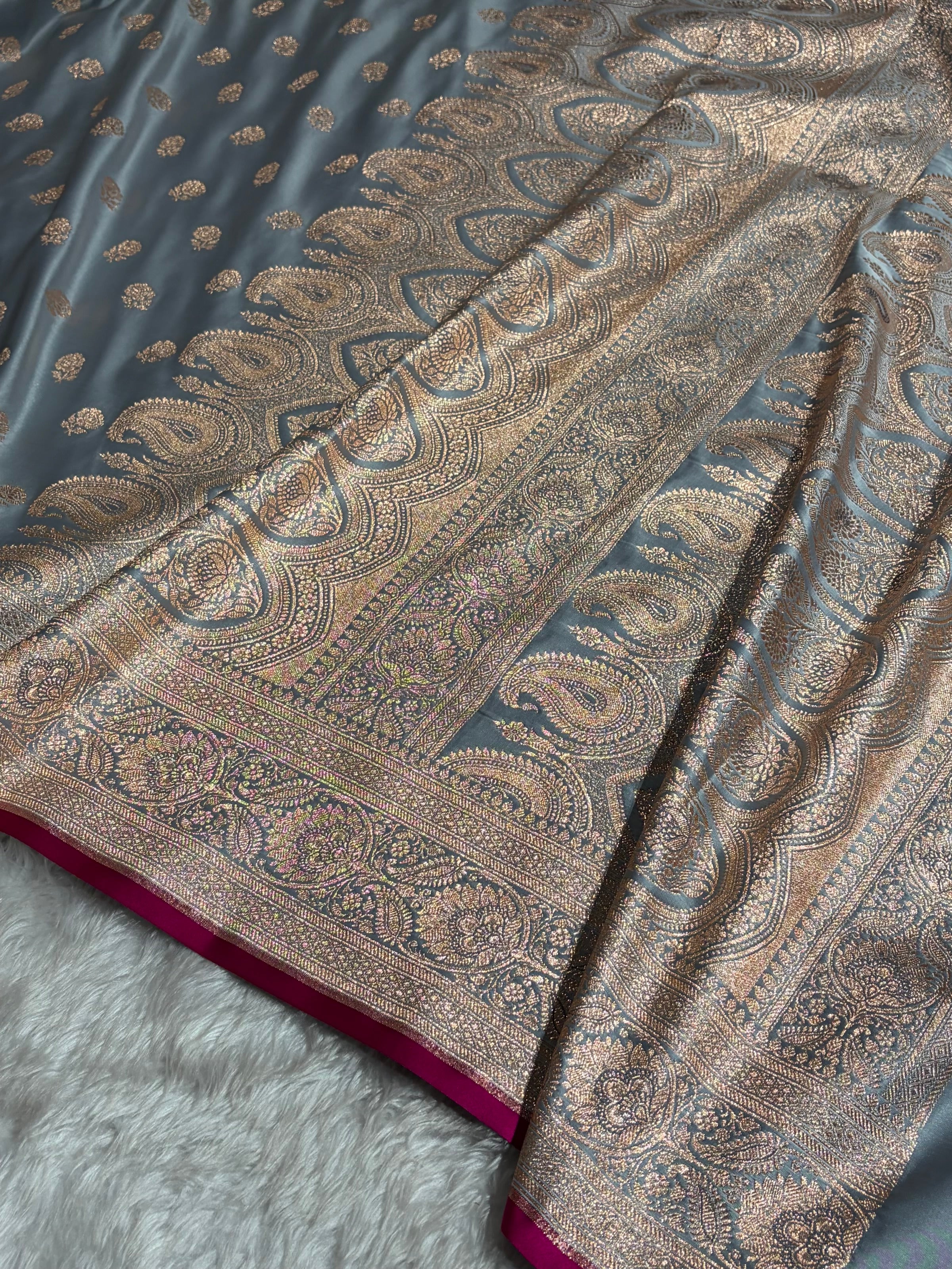 Floral boota Satin katan Silk Saree In Grey Shades SK12