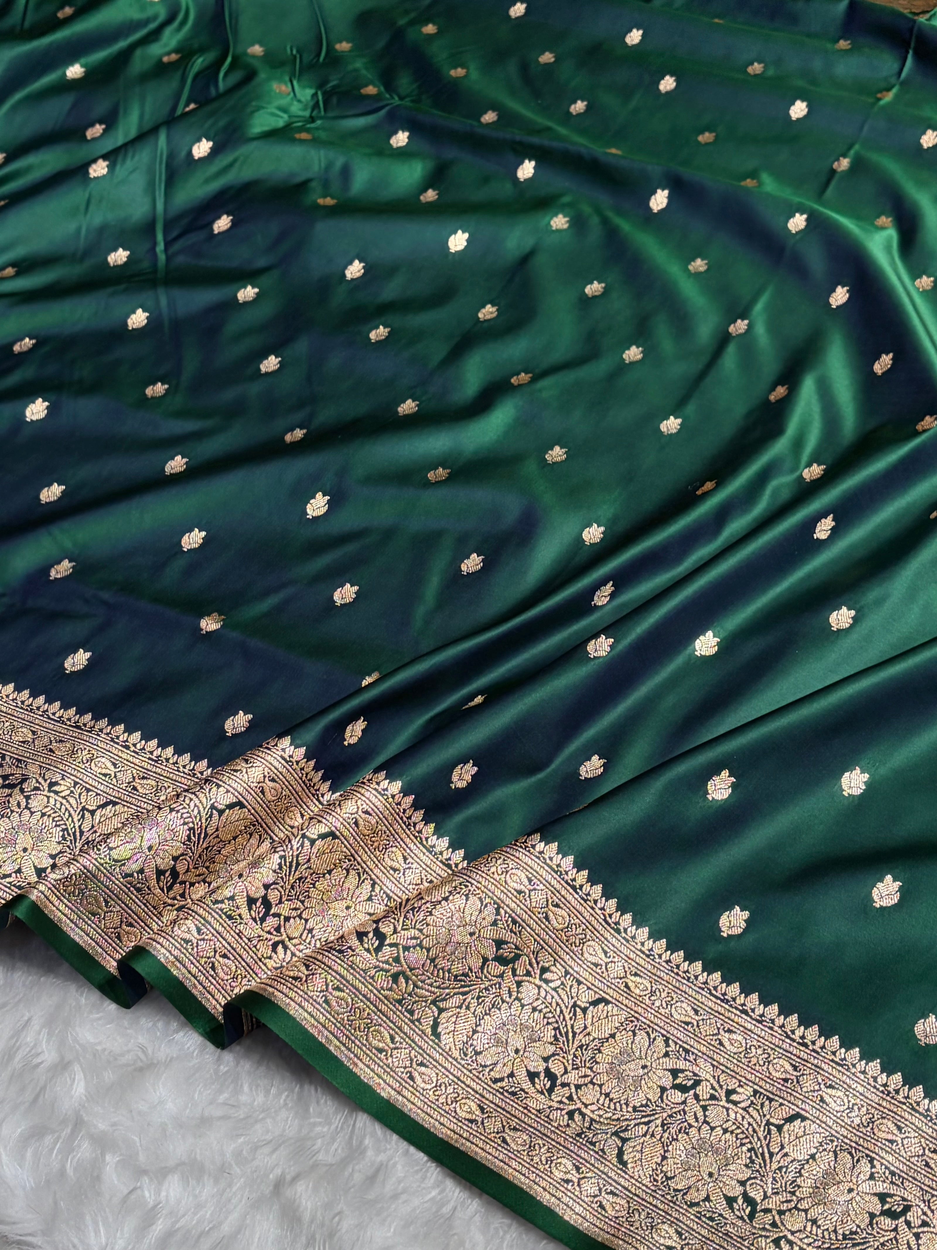 Cross Green Floral Cross Pattern Satin Katan Silk Saree SK75
