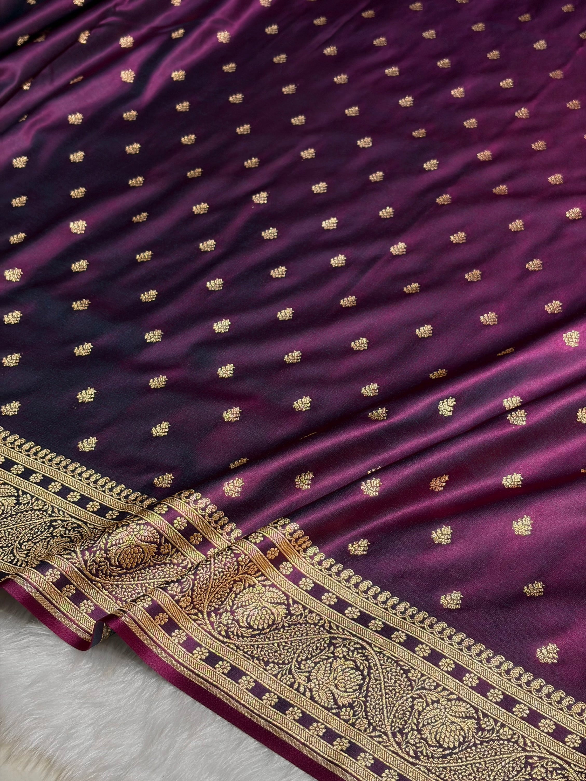 Wine Floral Pattern Satin Katan Silk Saree SK78