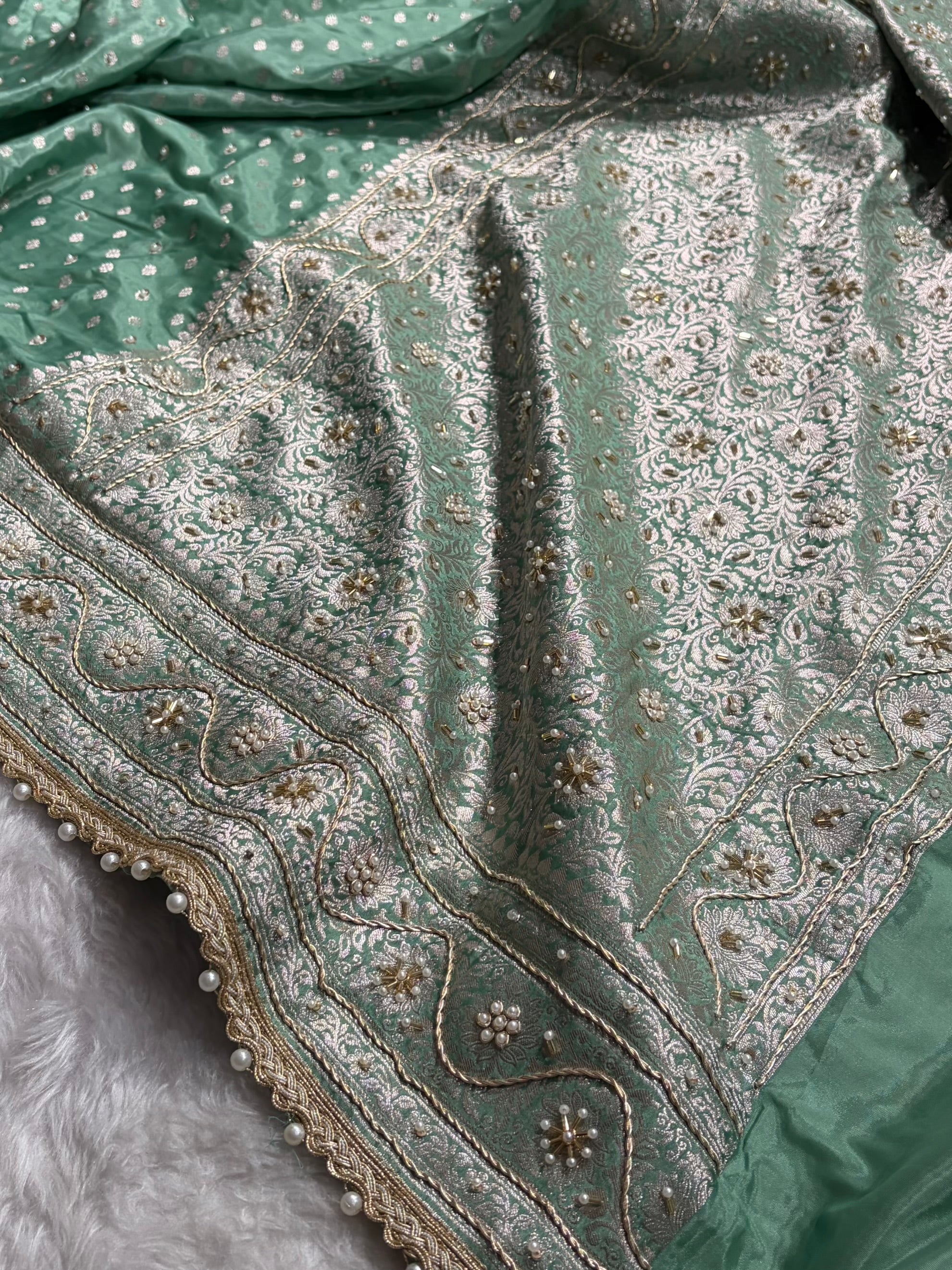Sea Green Crepe Silk Katan With Zardozi and Gotta Patti Work Banarasi Saree BCSK-02