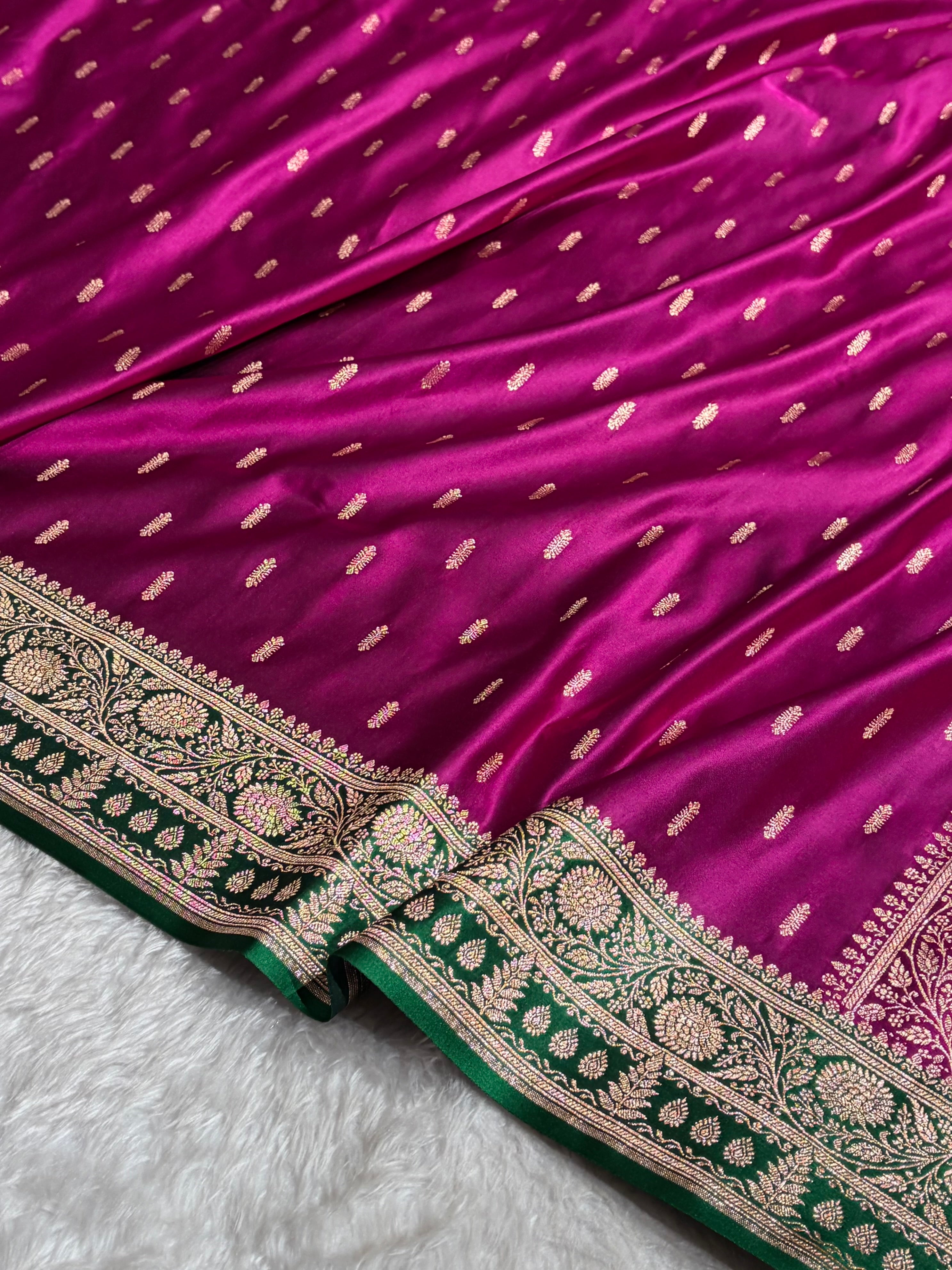 Contrast Wine / Green Floral Booti Banarasi Satin Katan Silk Saree SK14
