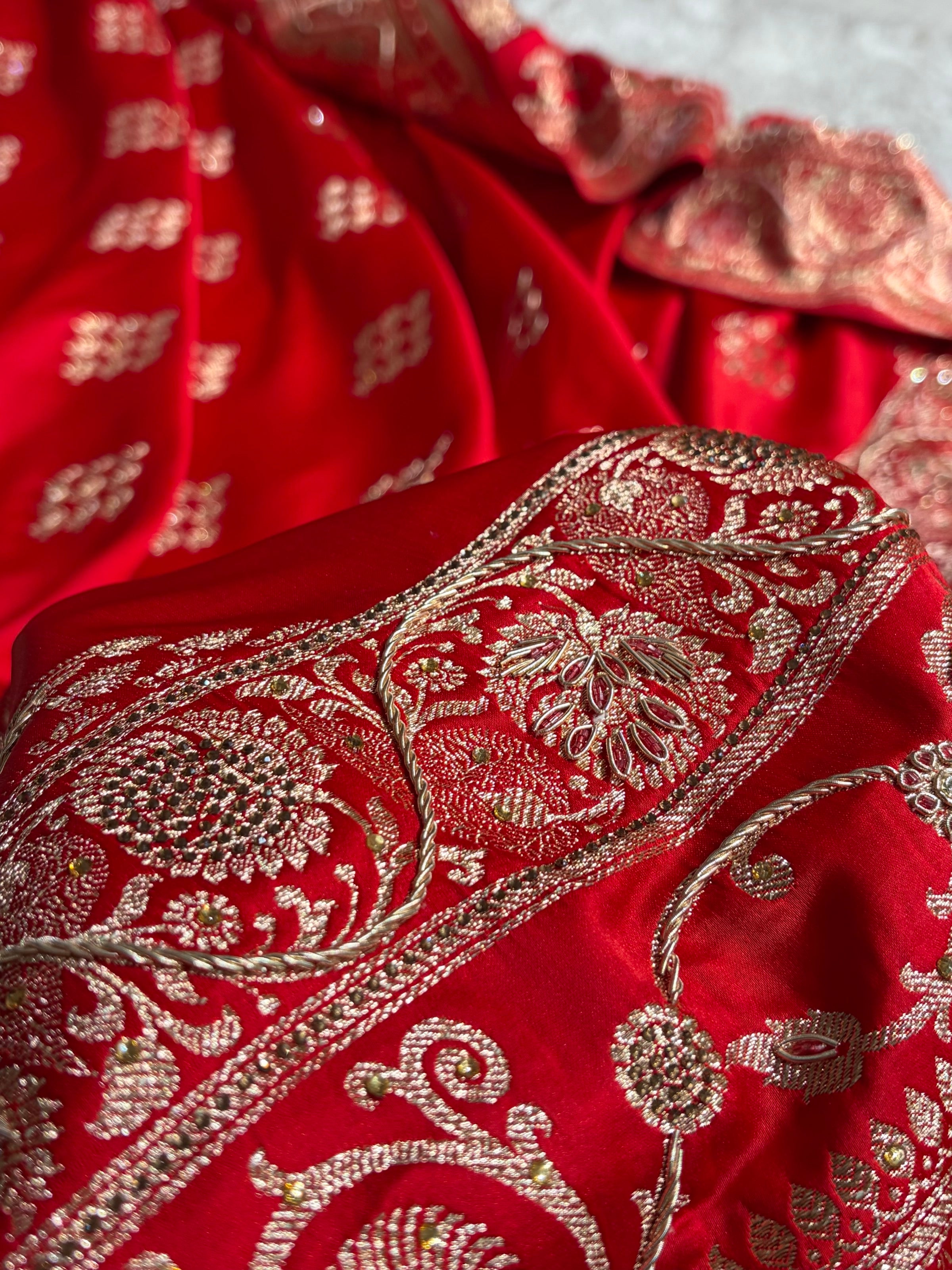 Bridal Red Floral Boota Pattern With Zardozi Stone Work Satin Katan Silk saree BSK34