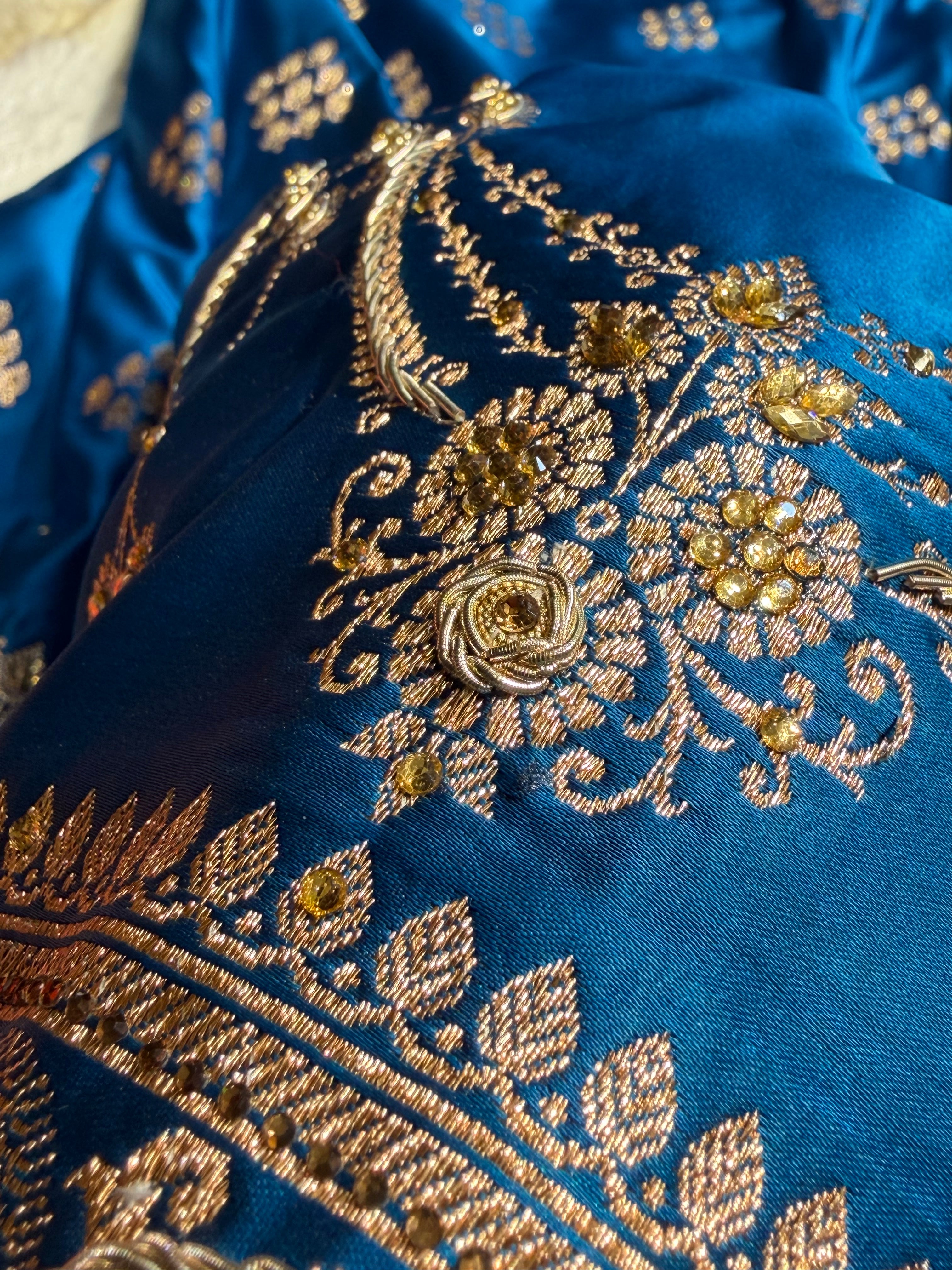 Cross Blue Floral Boota Pattern With Zardozi Stone Work Satin Katan Silk saree BSK34