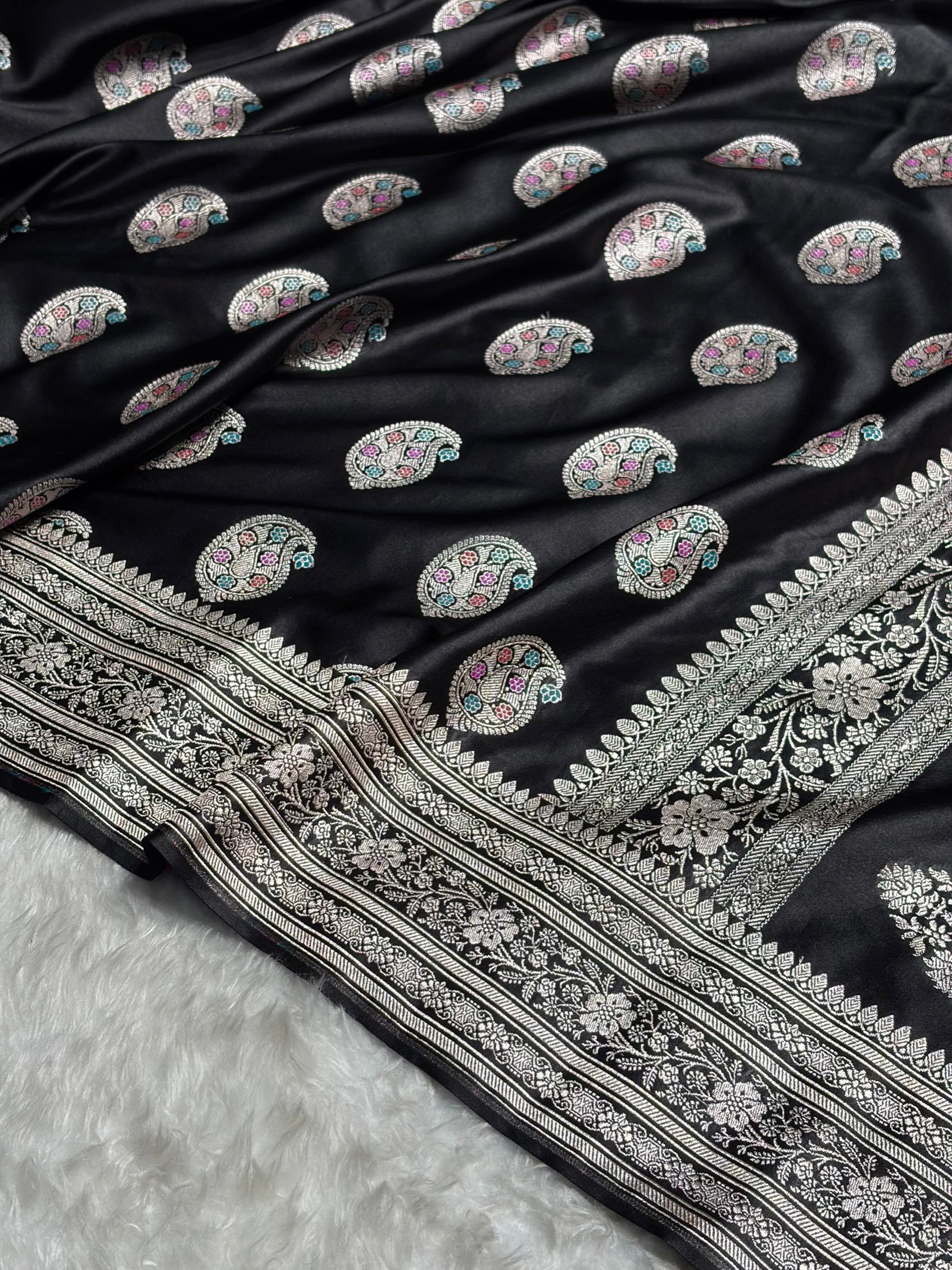 Black With Bananasi Minakari Boota Mashru Silk Saree MS81