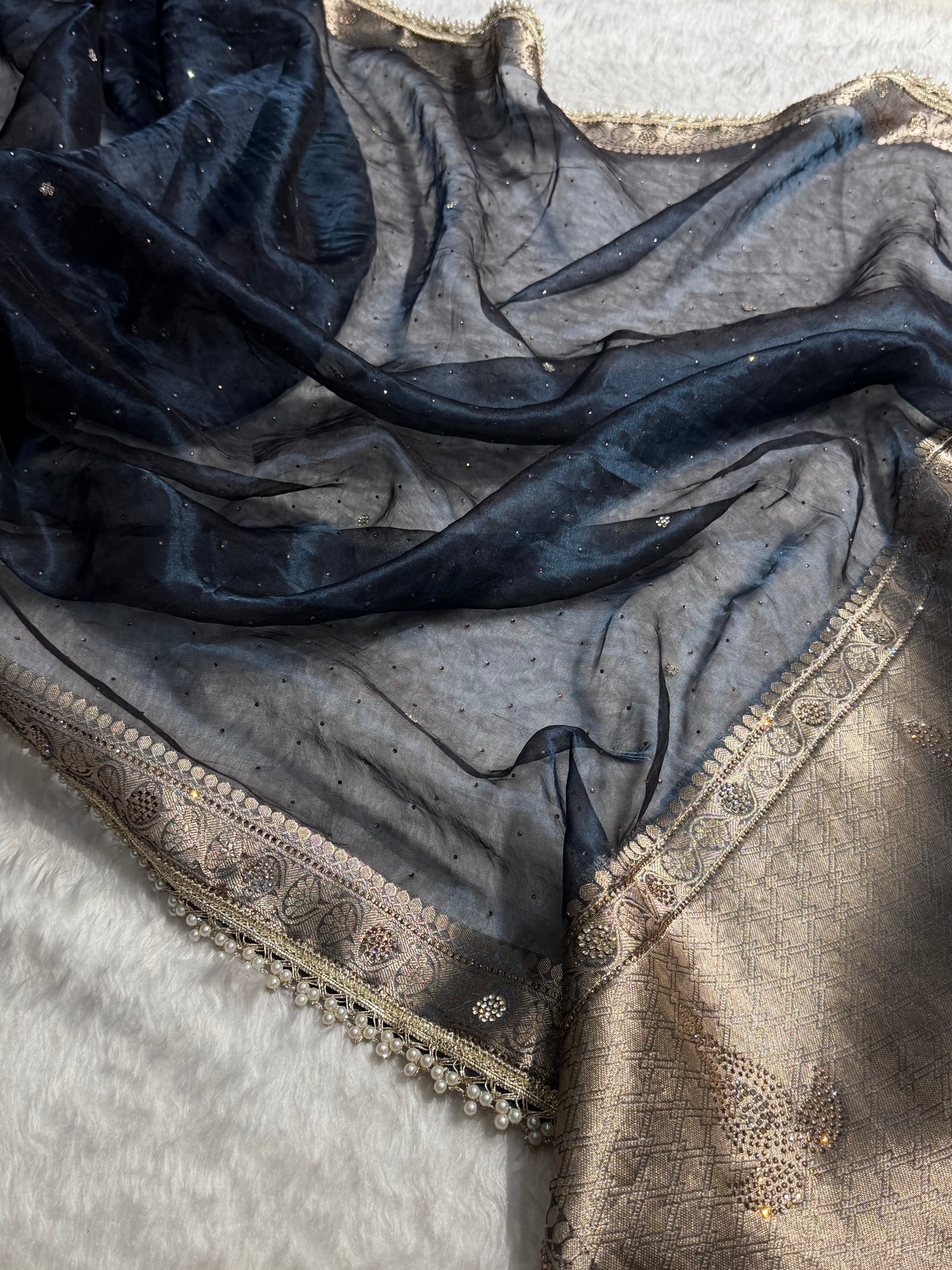 Black Navy Shades Pure Tissue Silk With Banarasi Swarovski Work Saree with Brocade Blouse BPGPT-09