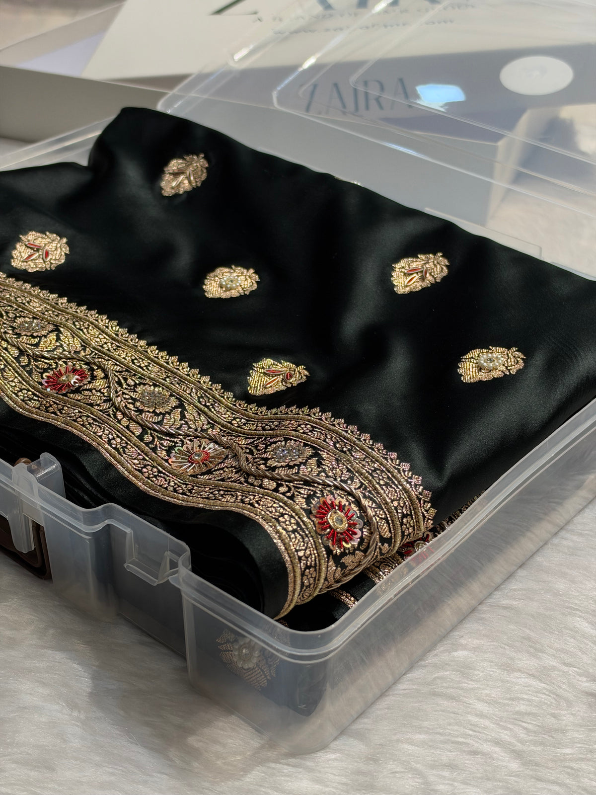 Bridal Black Banarasi Satin Katan Saree With Ari & Zardozi Work Boota BSK65