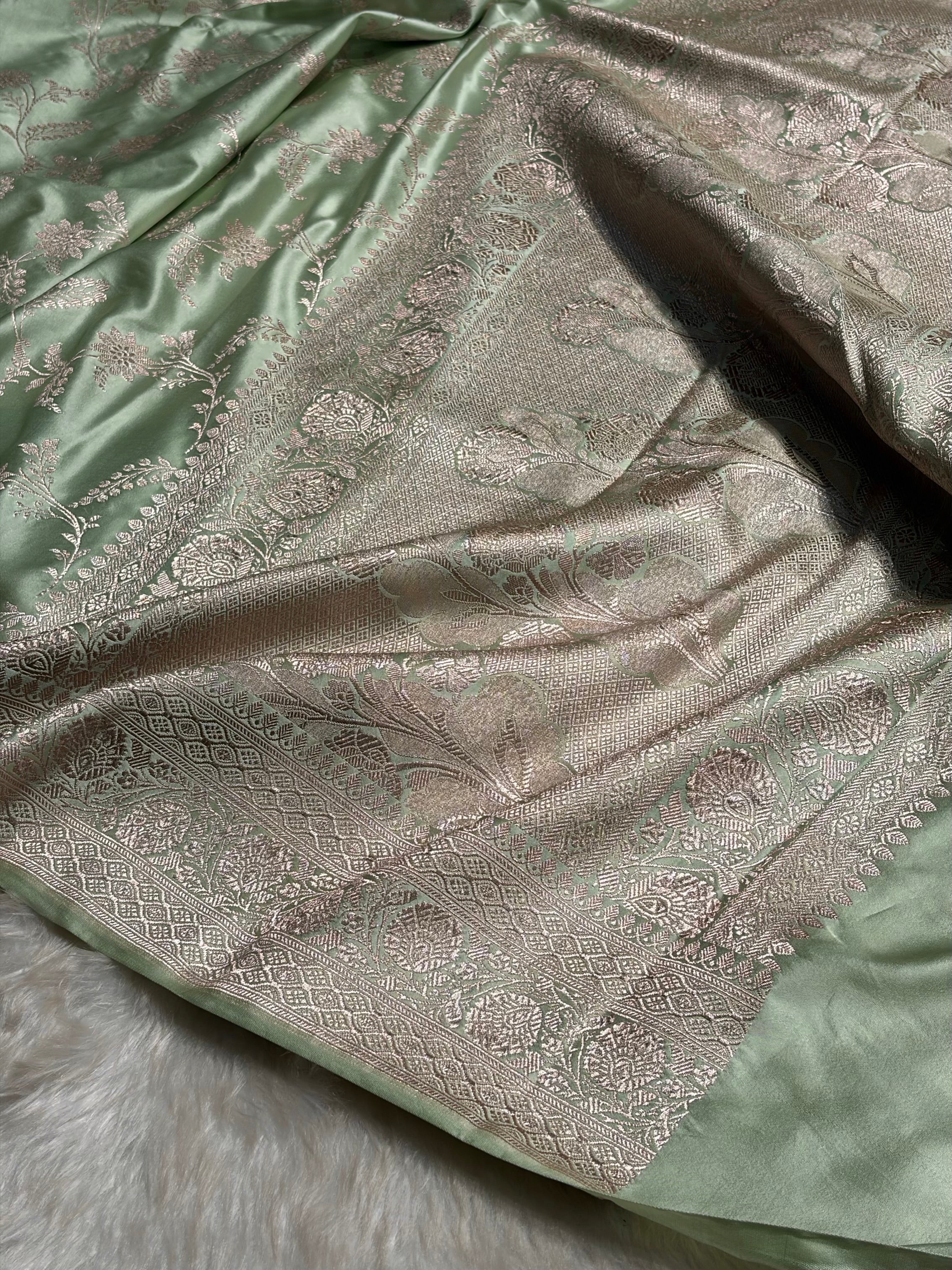 Light Pista Banarasi Jaal Mashru Silk Saree MS23