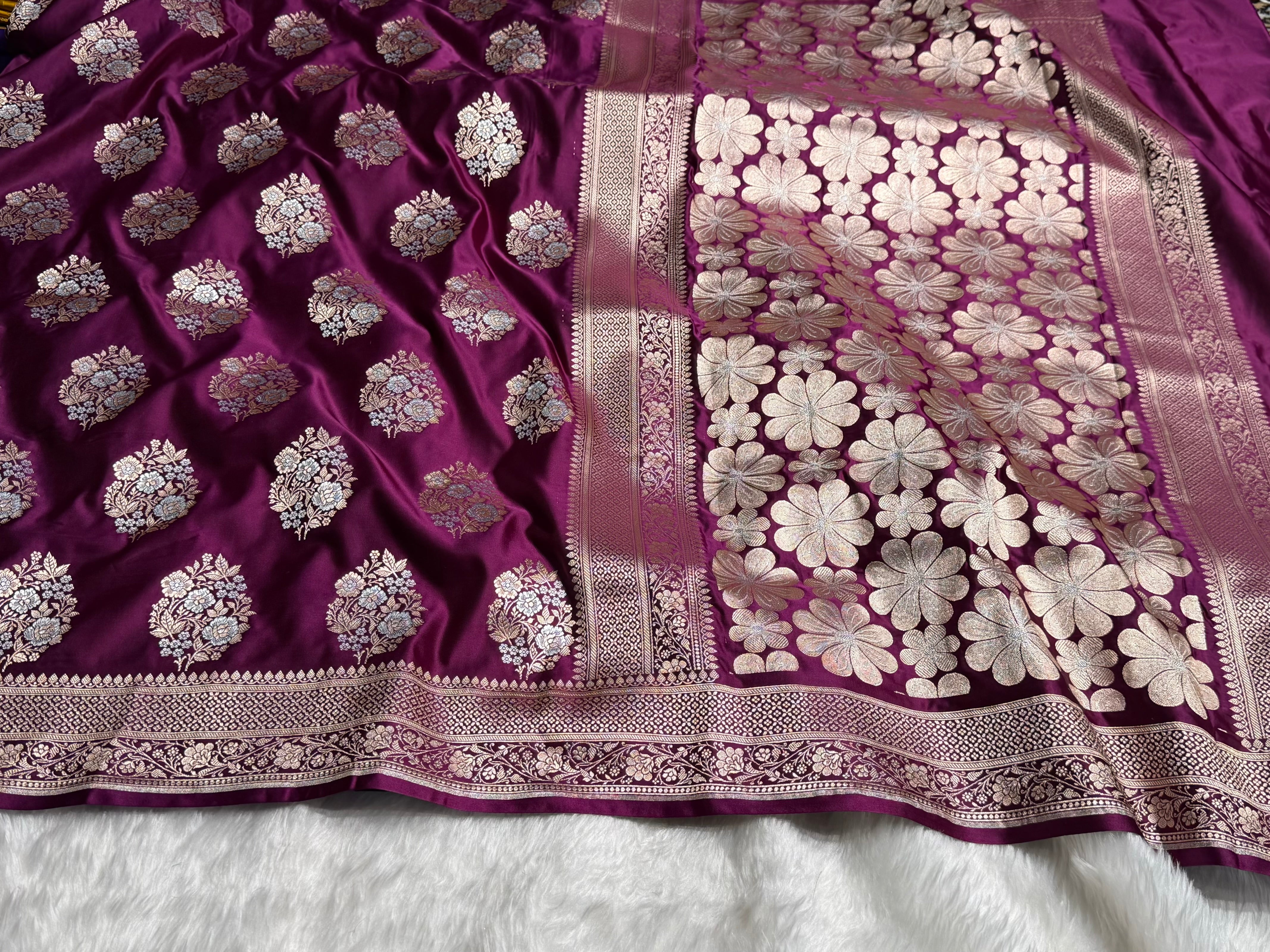 Premium Banarasi Satin Katan Saree With Minakari Boota in Wine Shades SK93