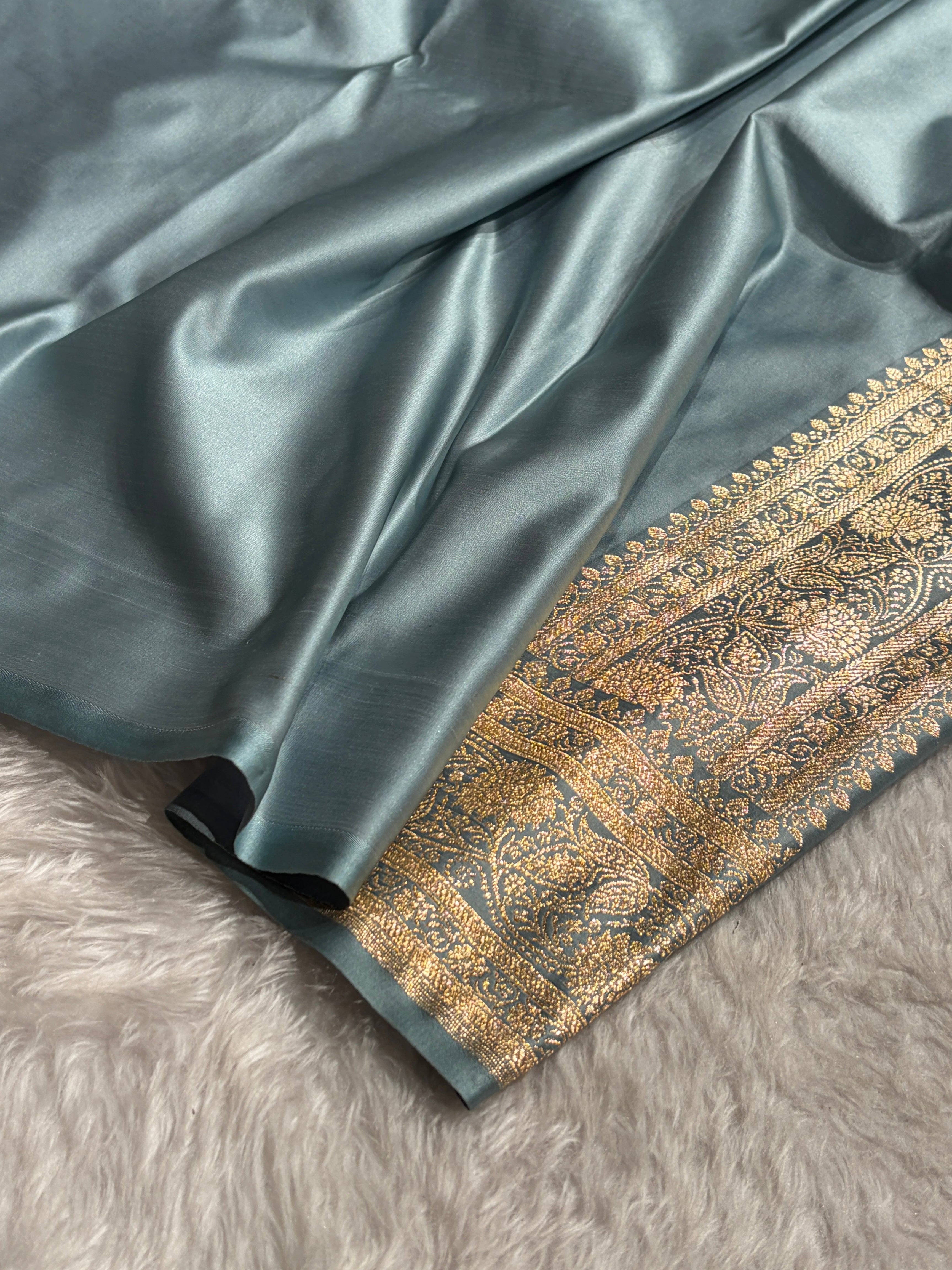 Powder Blue Shades Floral Jaal Pattern Satin Katan Silk saree SK55