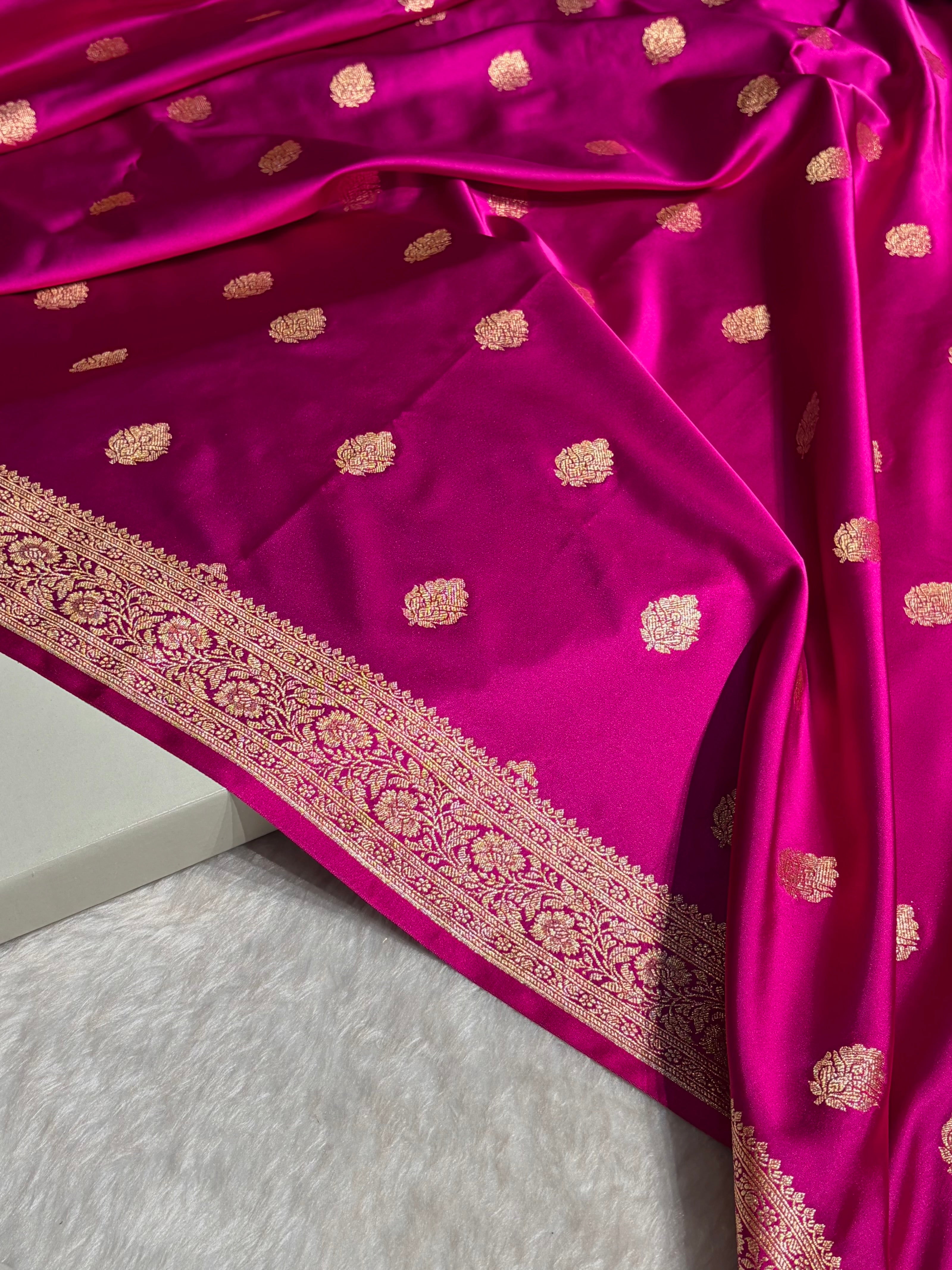 Cross Magenta Booti Pattern Satin Katan Silk Saree SK65