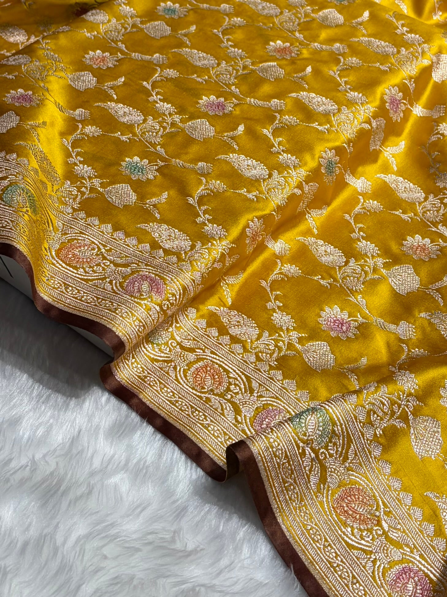 Mustard Yellow Shades In Banarasi Minakari Jaal Mashru Silk Saree MS42