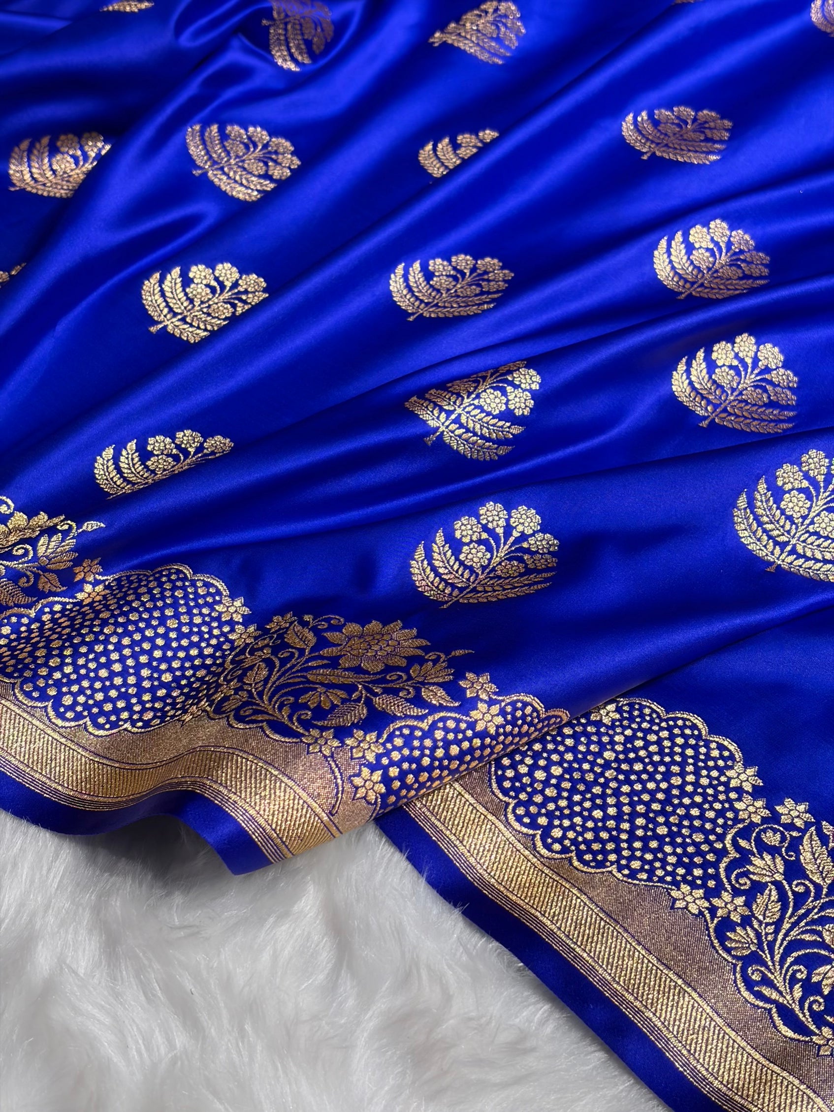 Royal Blue Unique Boota Pattern Satin Katan Silk Saree SK70