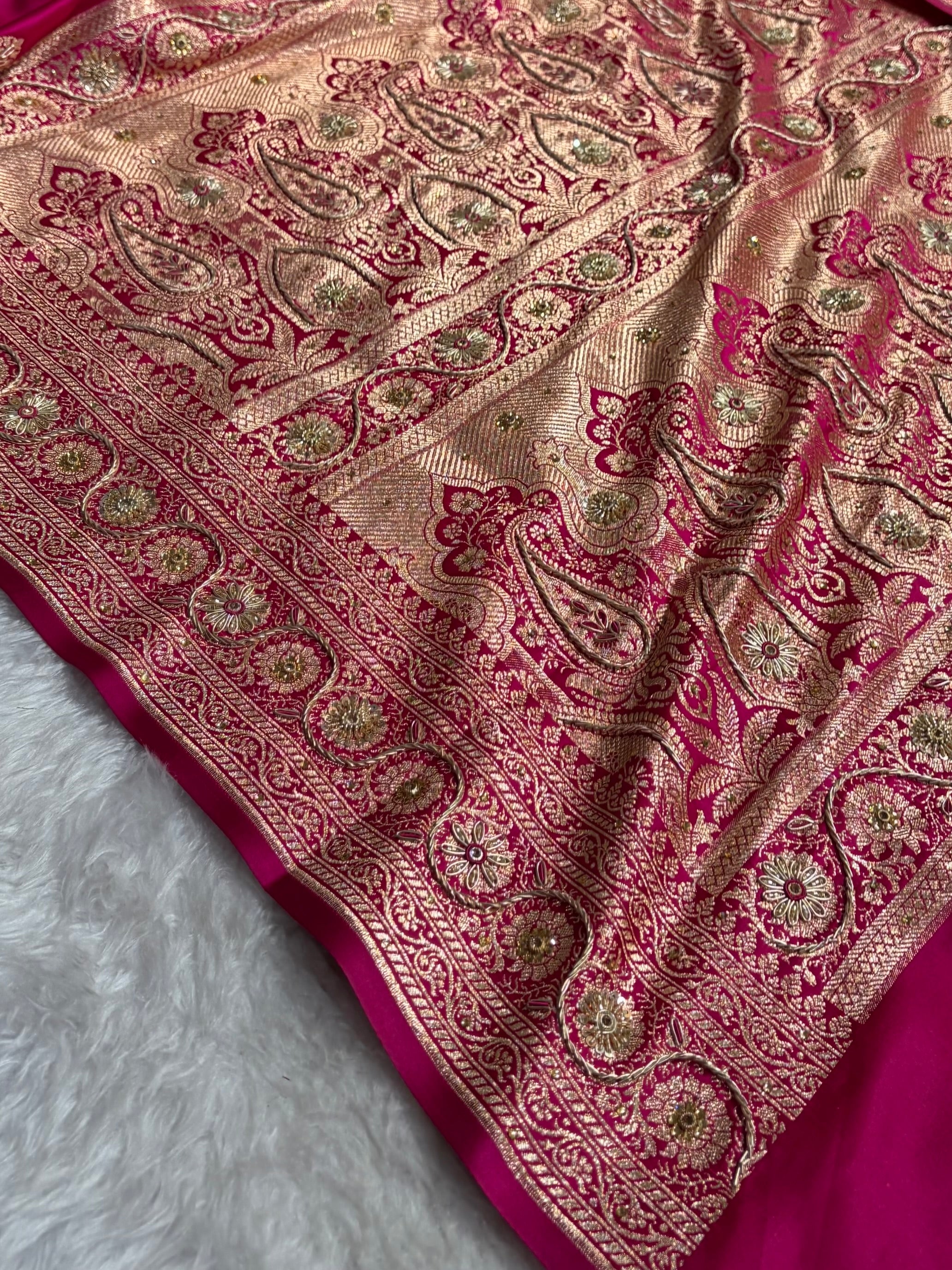 Banarasi Boota Katan Silk Saree In Rani Shades With Ari Zardozi Work BSK02