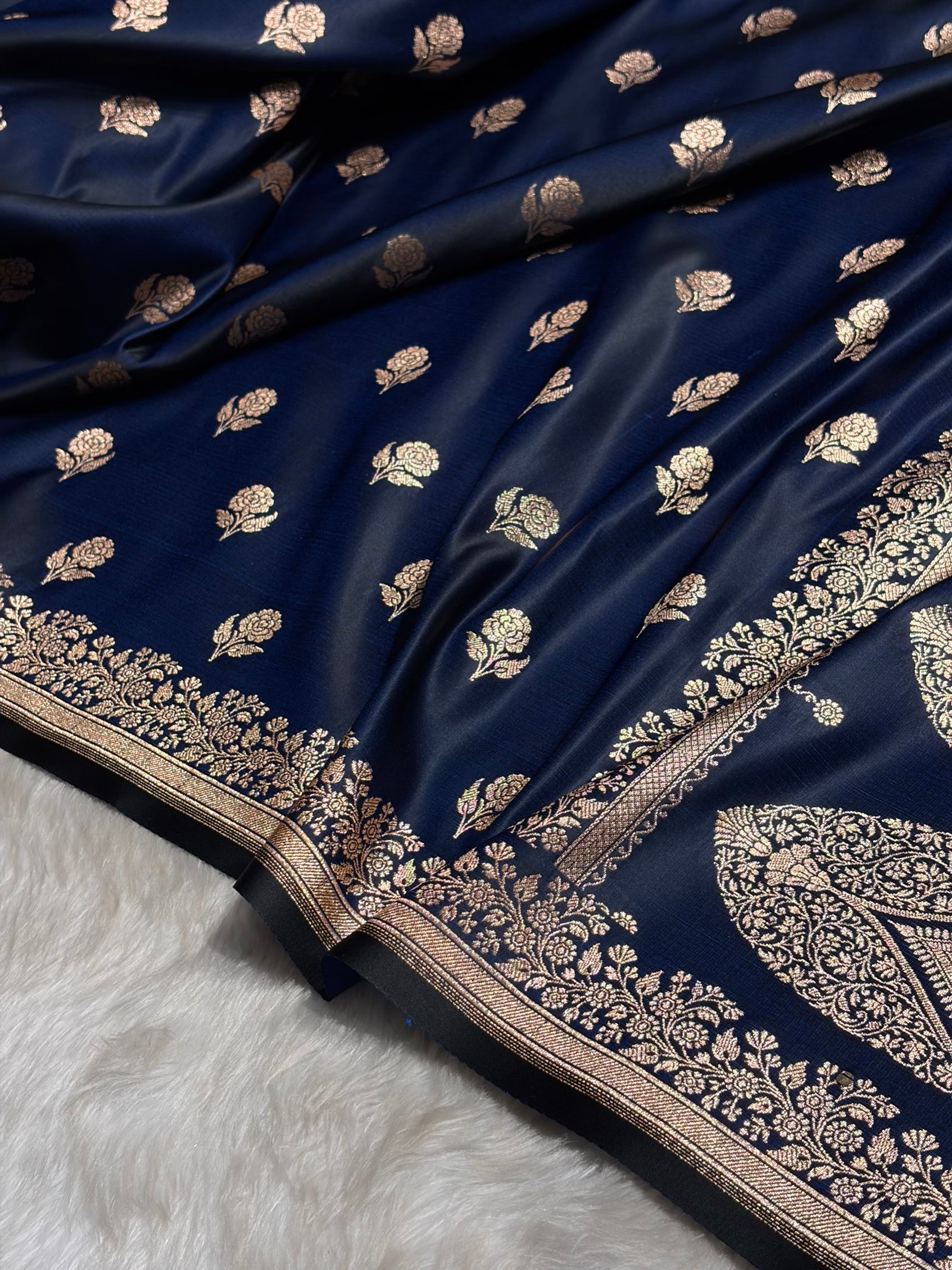 Navy Blue Floral Booti Katan Silk Saree SK23