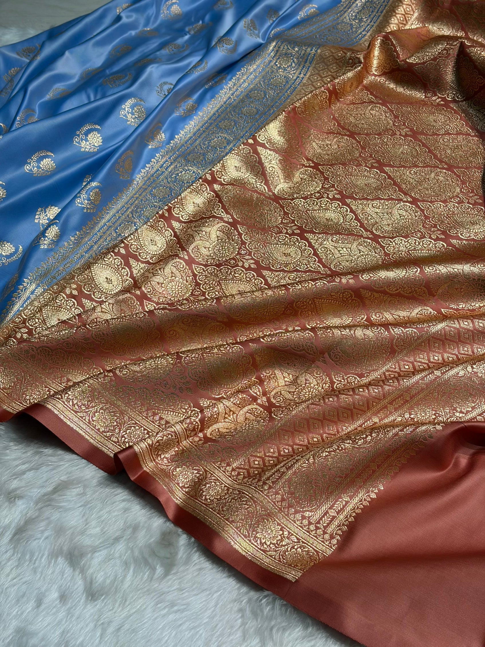 Nile Blue with Peach Floral Boota Satin Katan Silk saree SK27