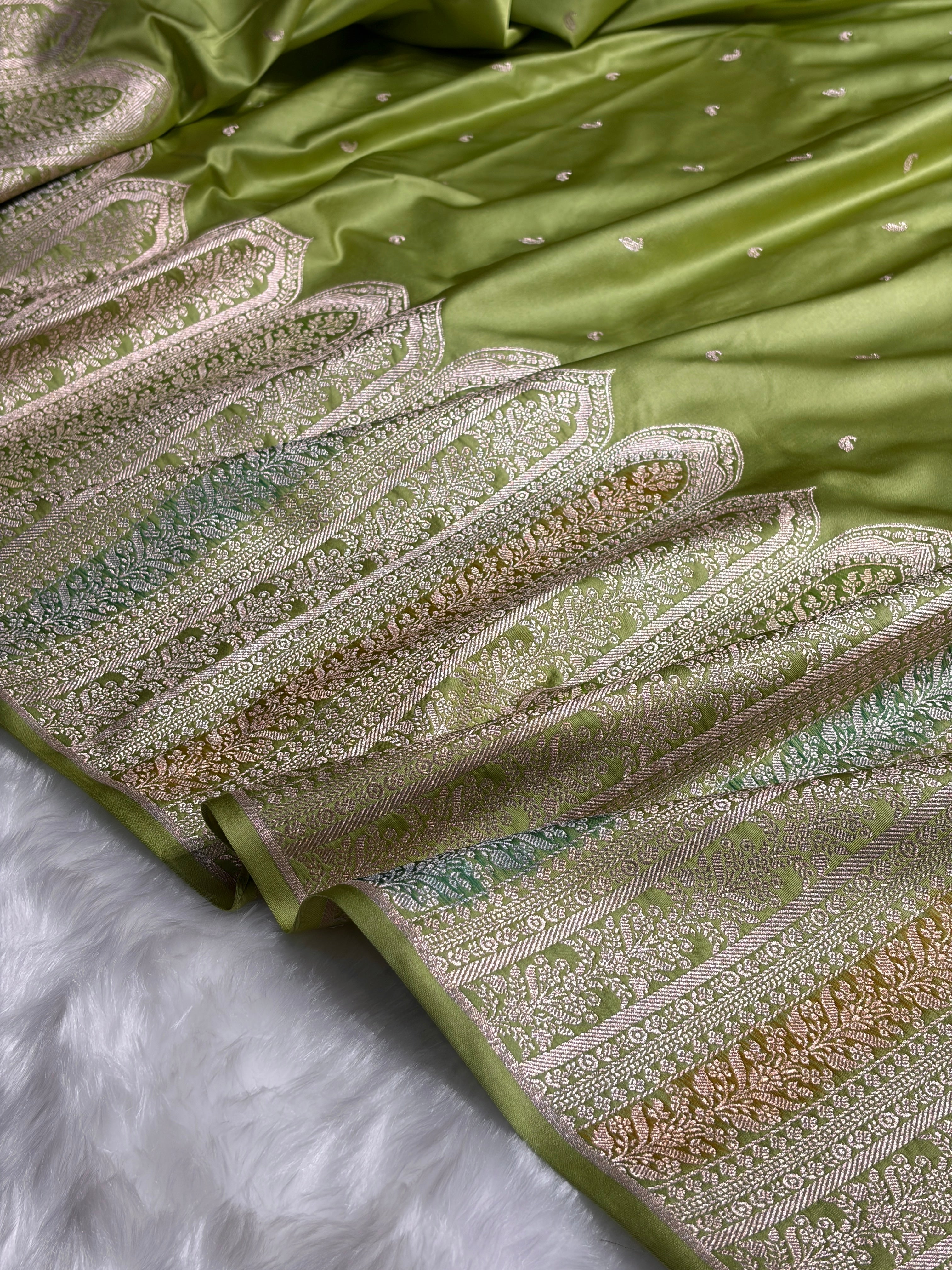 Skirt Border Pista Green Minakari Mashru Silk Saree MS13