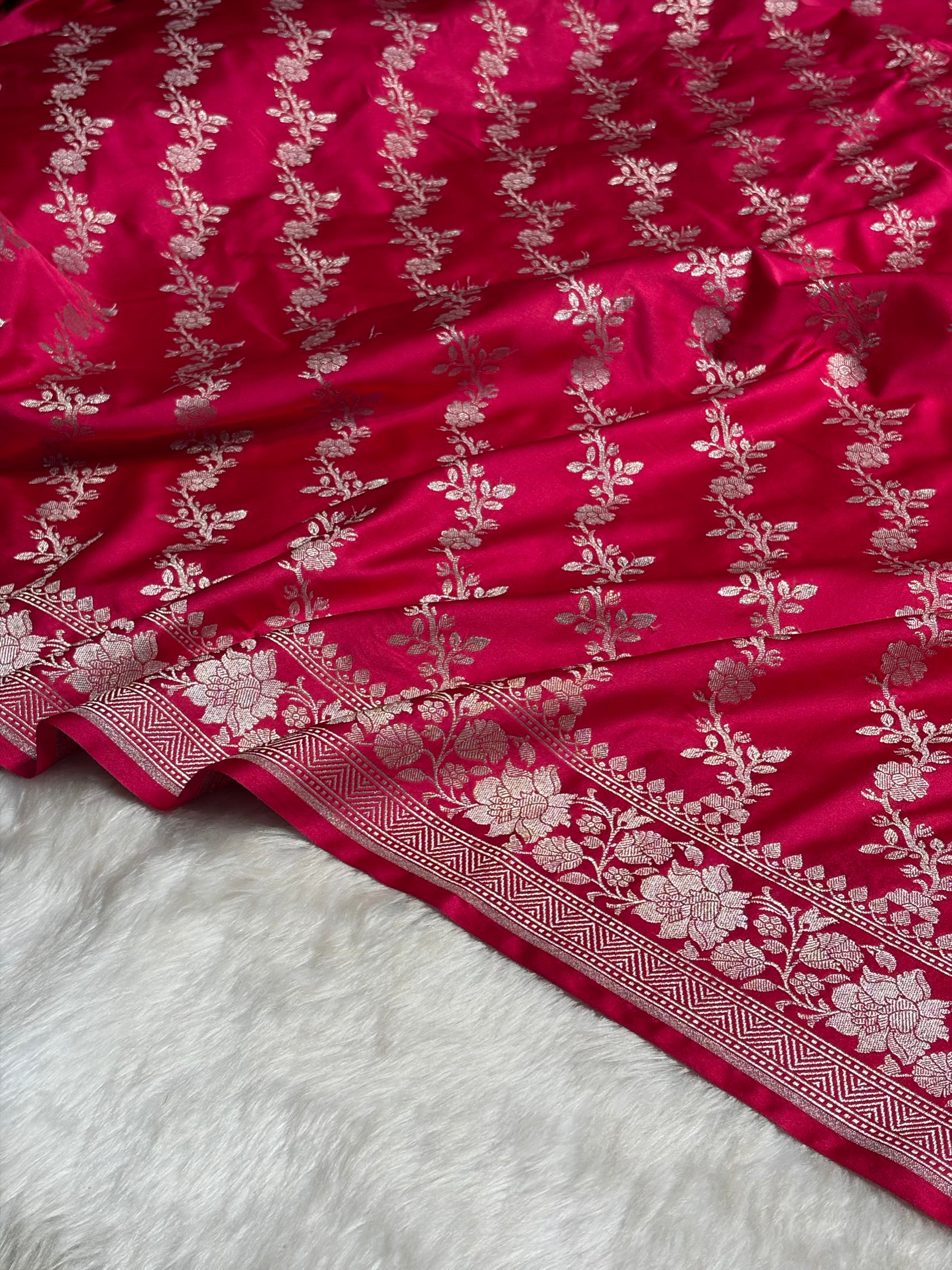 Ruby Pink Shades Banarasi Cross Jaal Mashru Silk Saree MS18