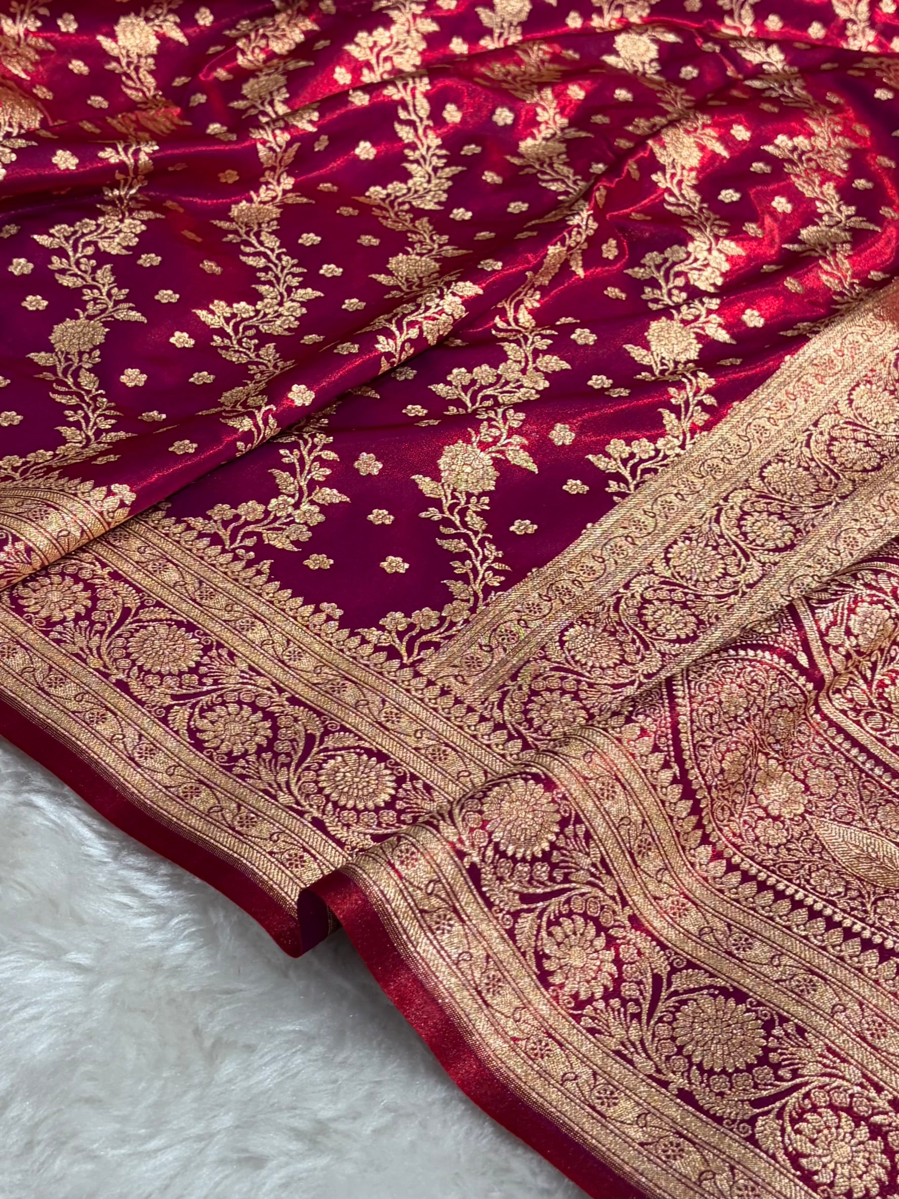Banarasi Satin Silk Saree Cross with Booti in Magentic Red Shades SS24