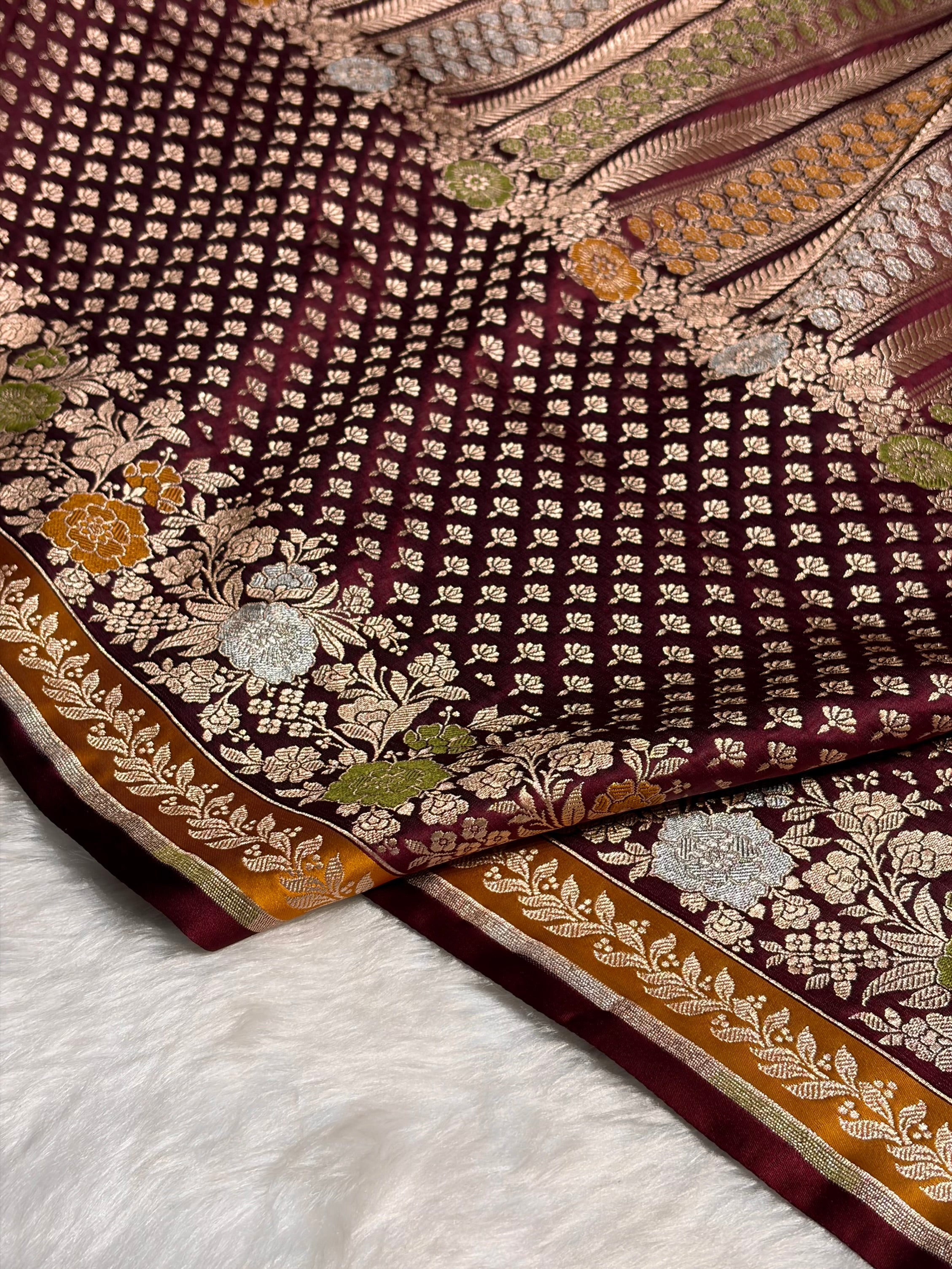 Garnet Shades Floral Minakari Skirt Border Mashru Silk Saree MSM-83