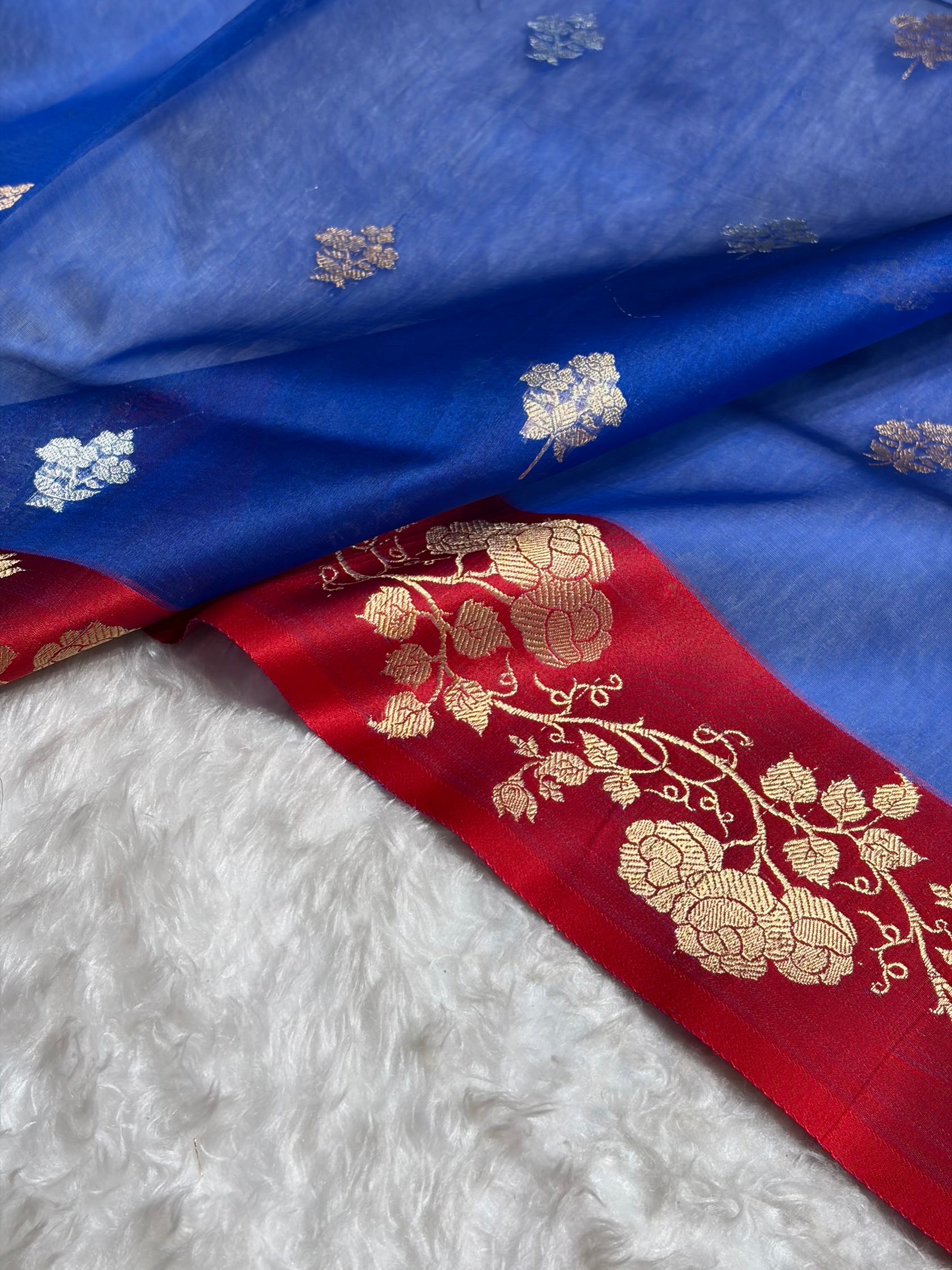Contrast Pure Banarasi Organza Royal Blue With Maroon Floral Banarasi Silk Saree PO-13