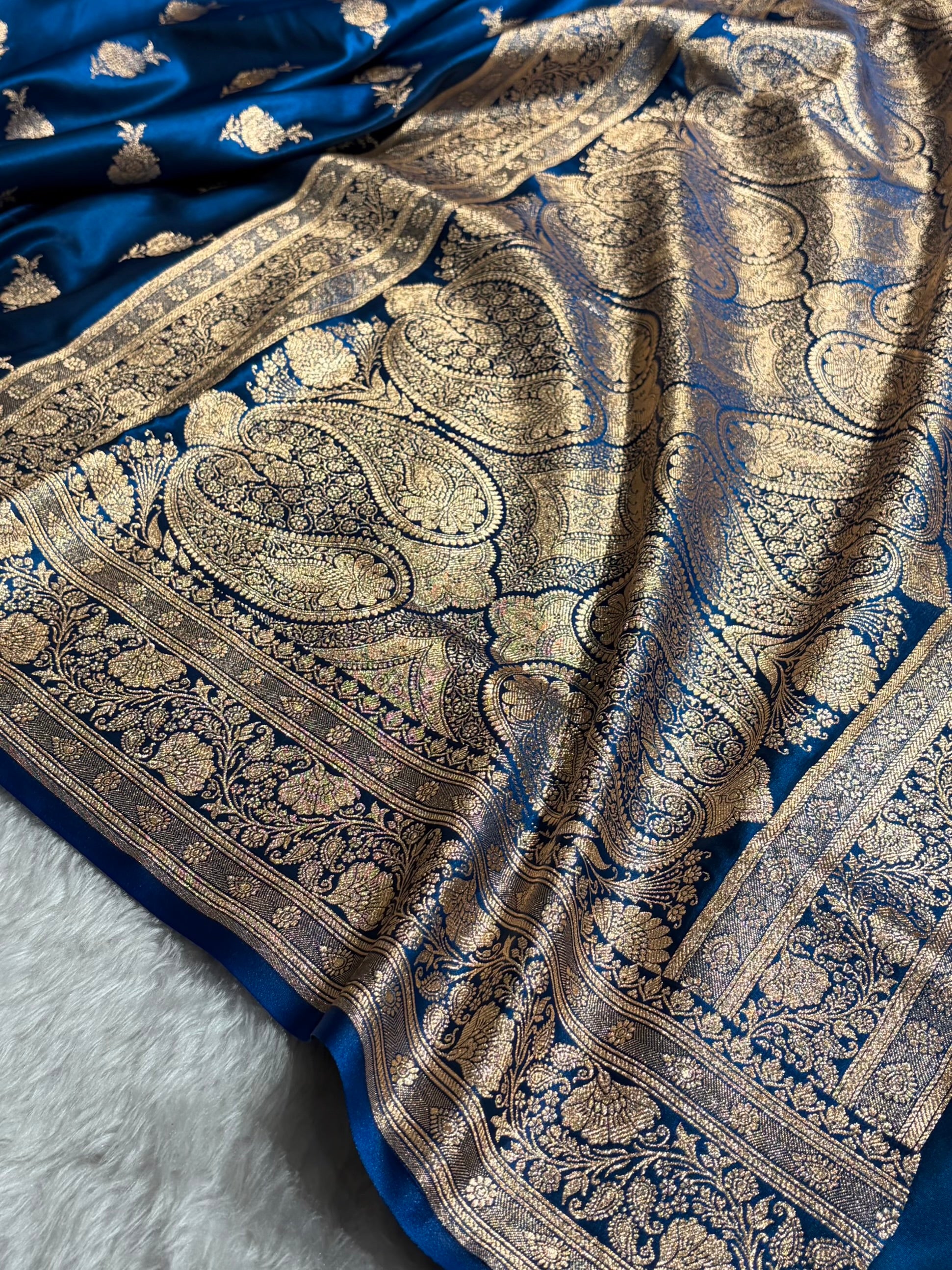 Satin Silk Saree Floral Boota in German Blue Shades SS26