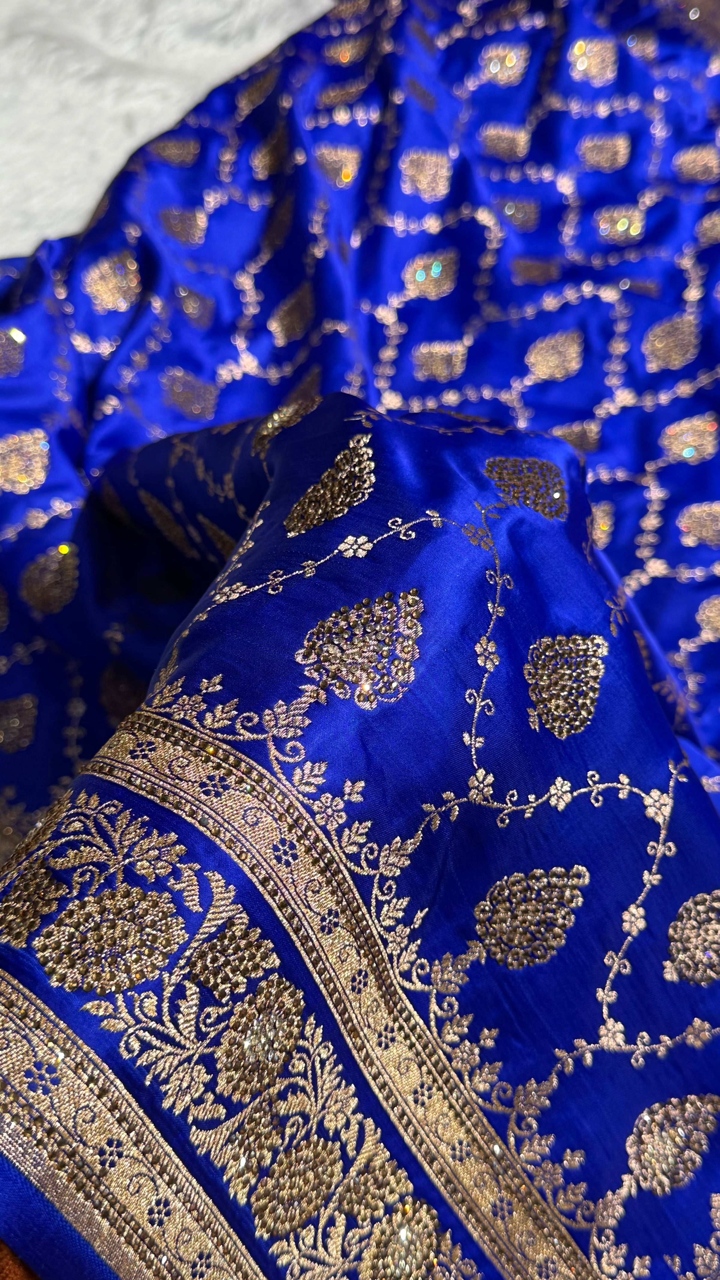 Royal Blue Floral Jaal Pattern Satin Katan Silk saree BSK42
