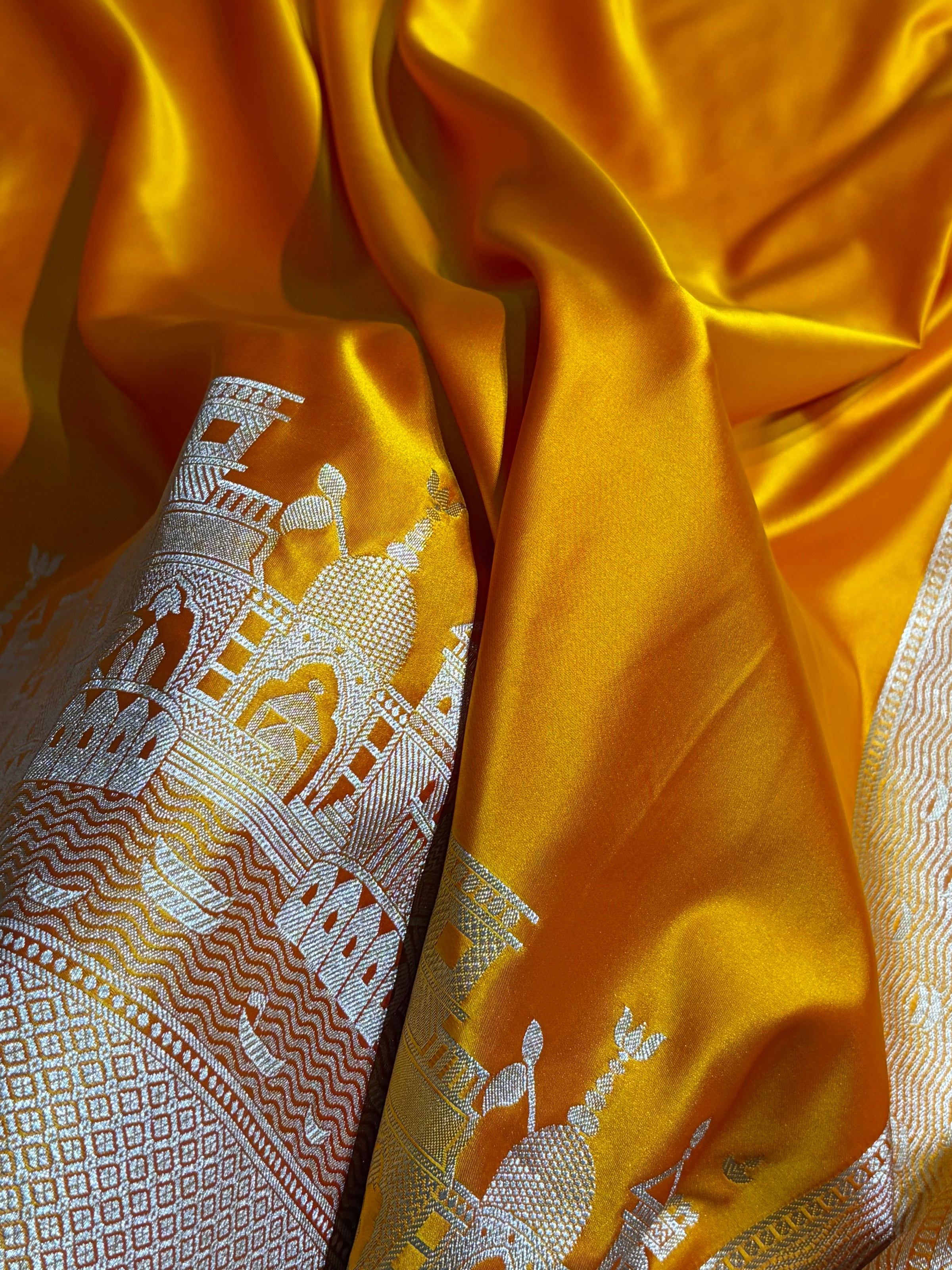Orange Shades Ghat Pattern Satin Katan Silk Saree SK19