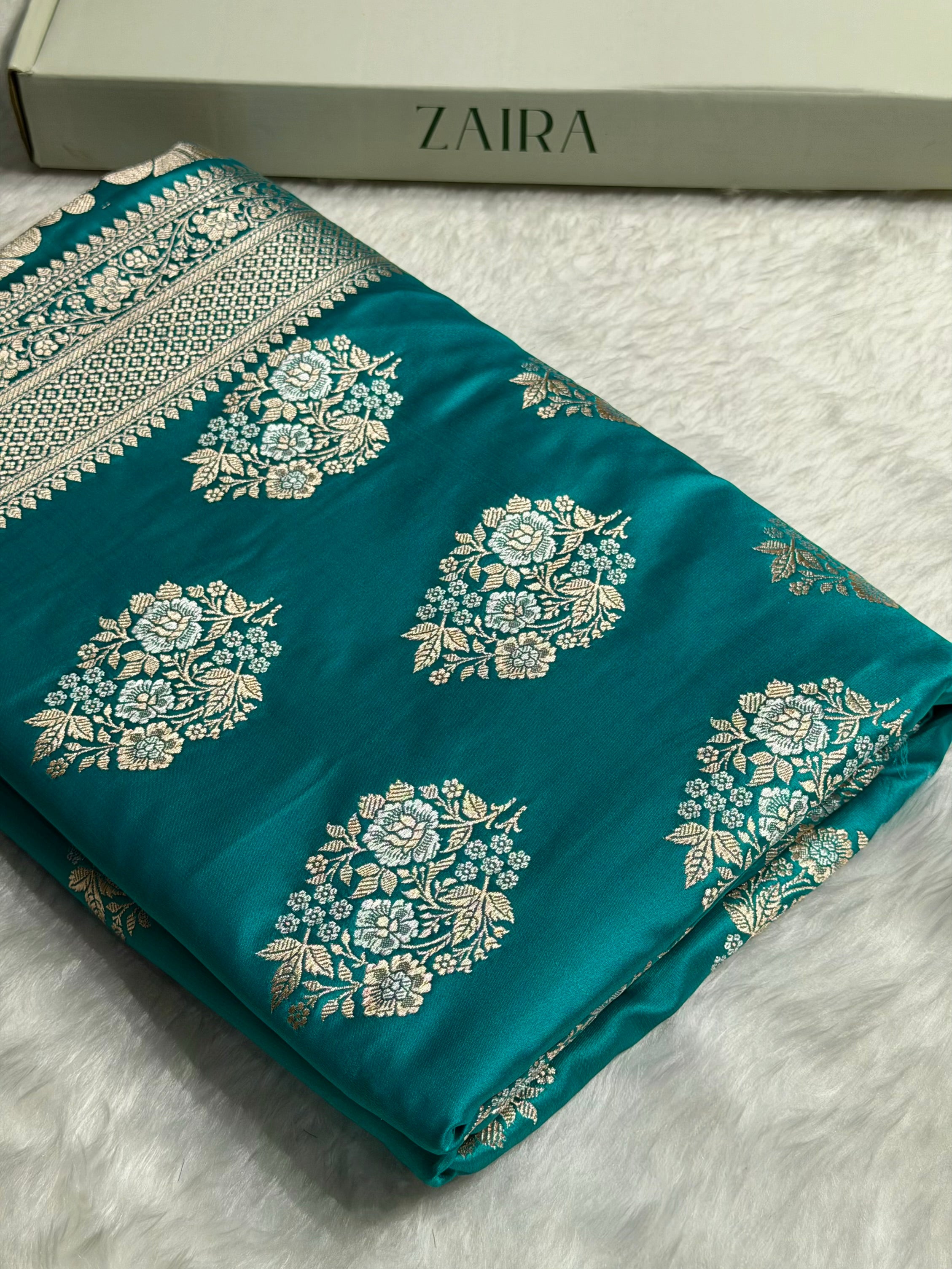 Premium Banarasi Satin Katan Saree With Minakari Boota in Rama Shades SK93