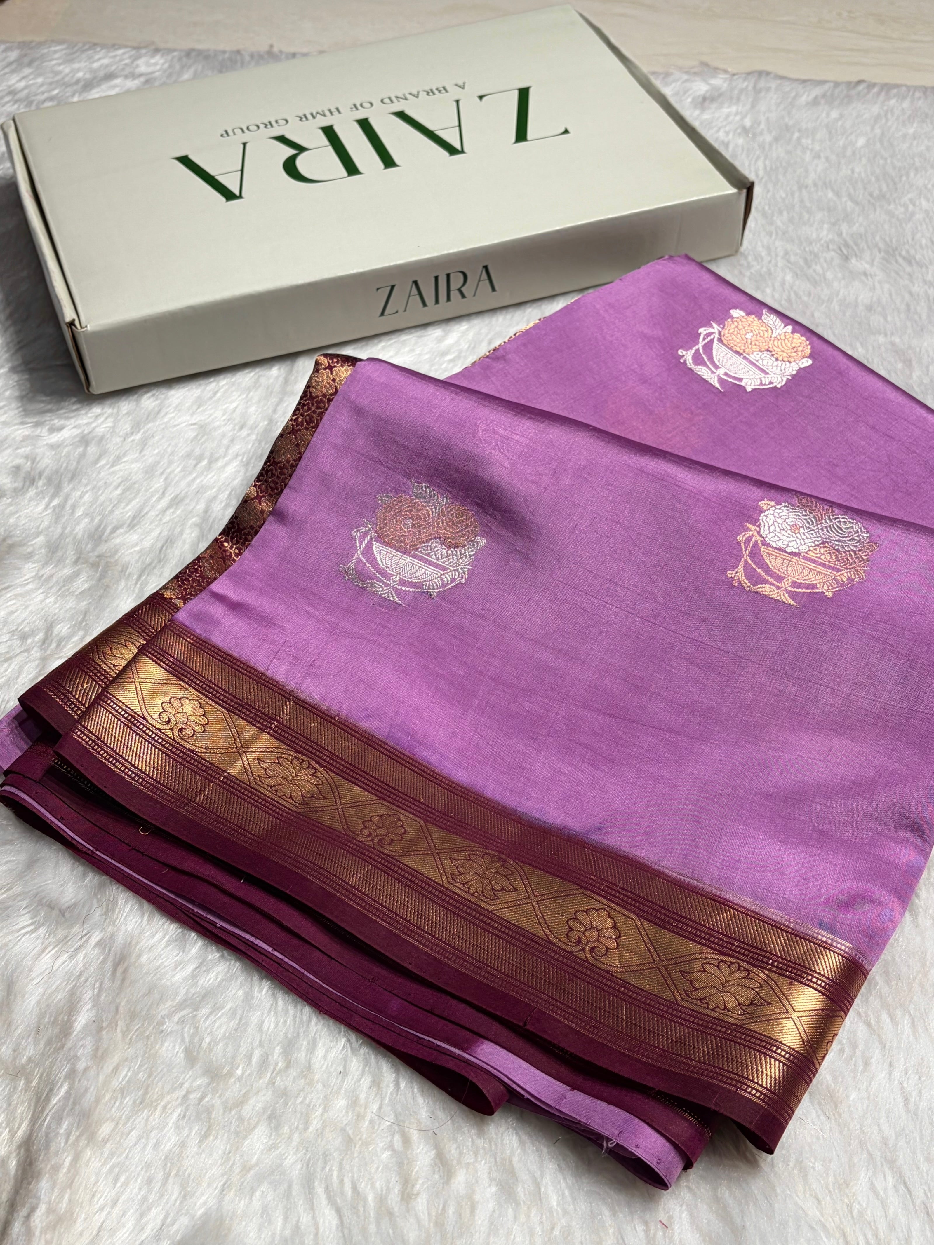 Contrast Lavender With Garnet Boota Handwoven Raw Mango Silk RM-29