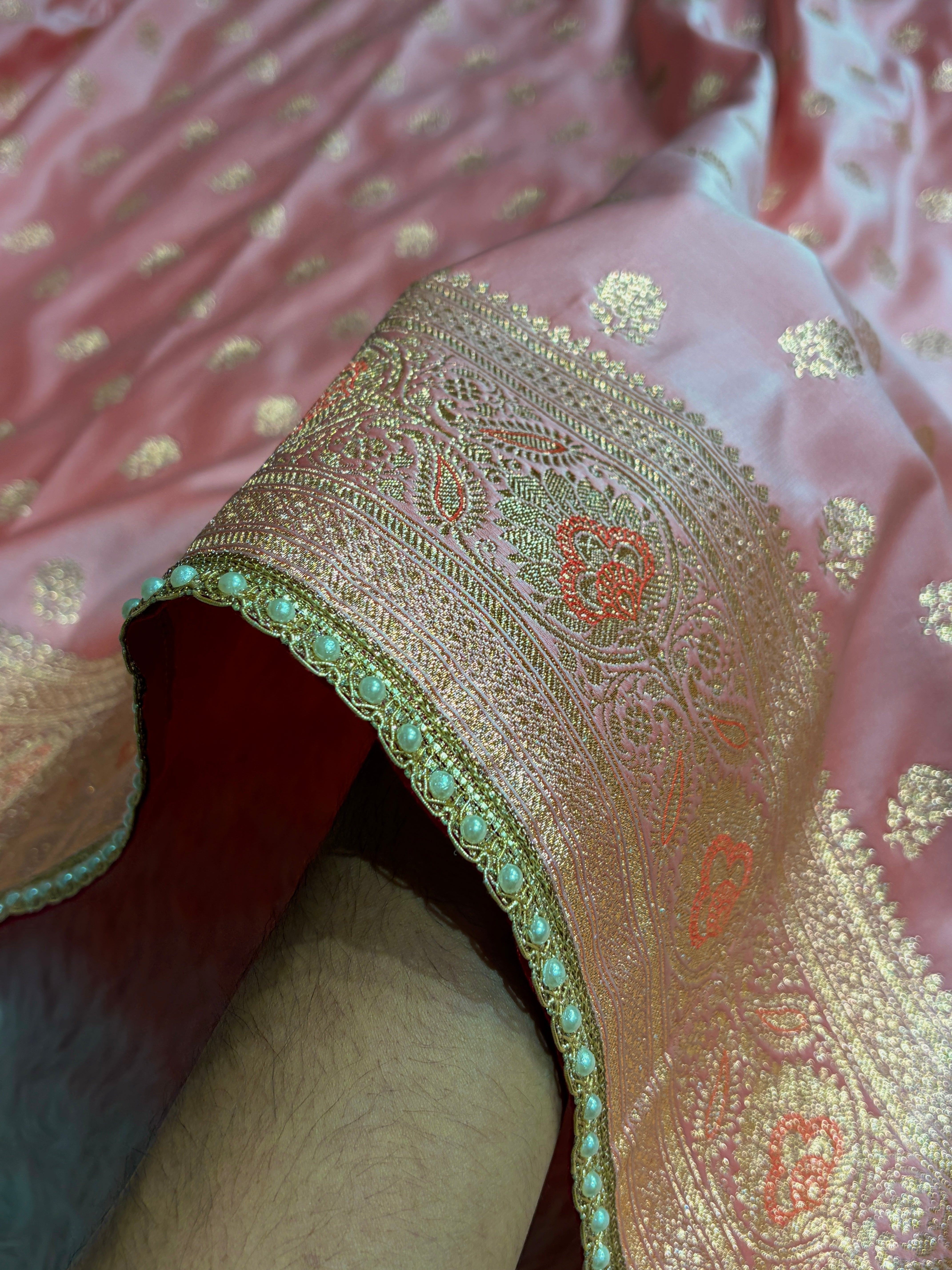 Floral boota Satin katan Silk Saree With Gotta Patti In Baby Pink Shades SKGP12