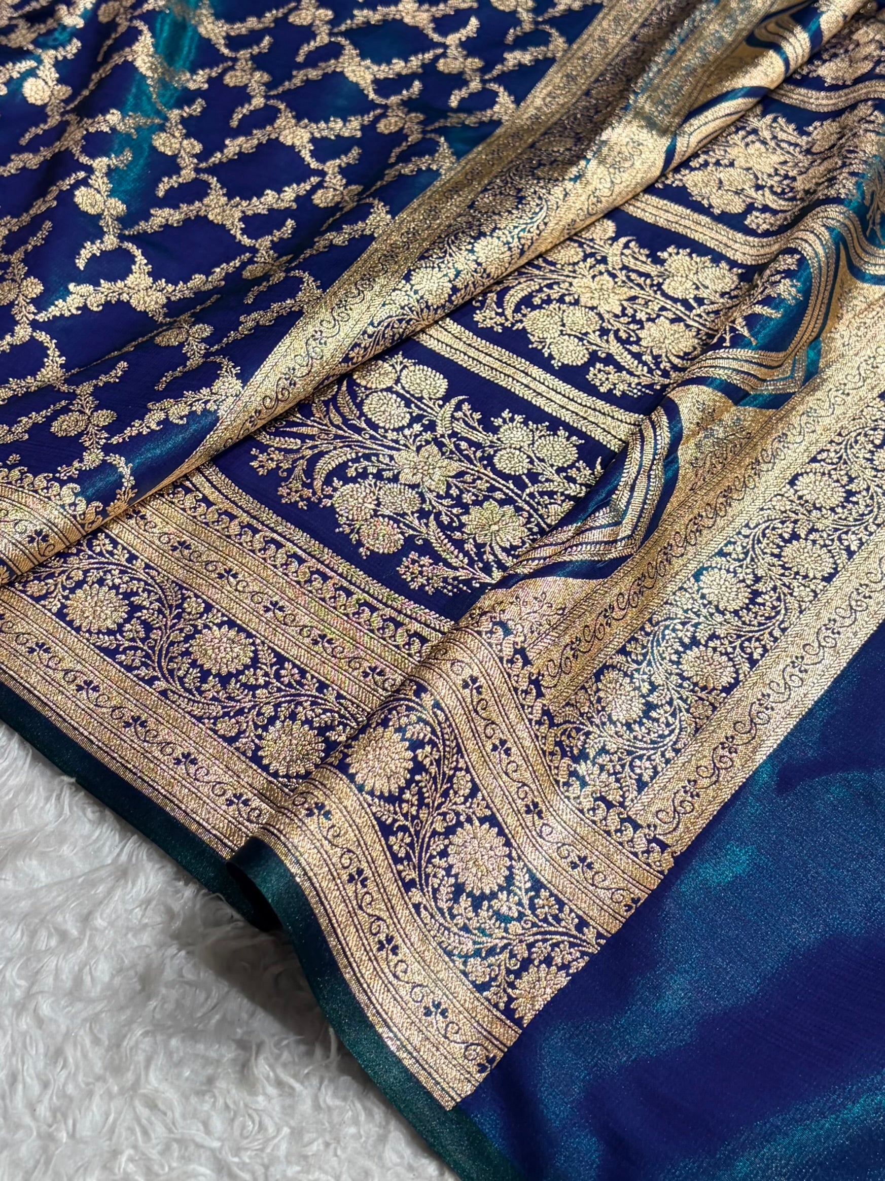 Peacock Shades Cross Pattern Banarasi Satin Silk Saree SS40