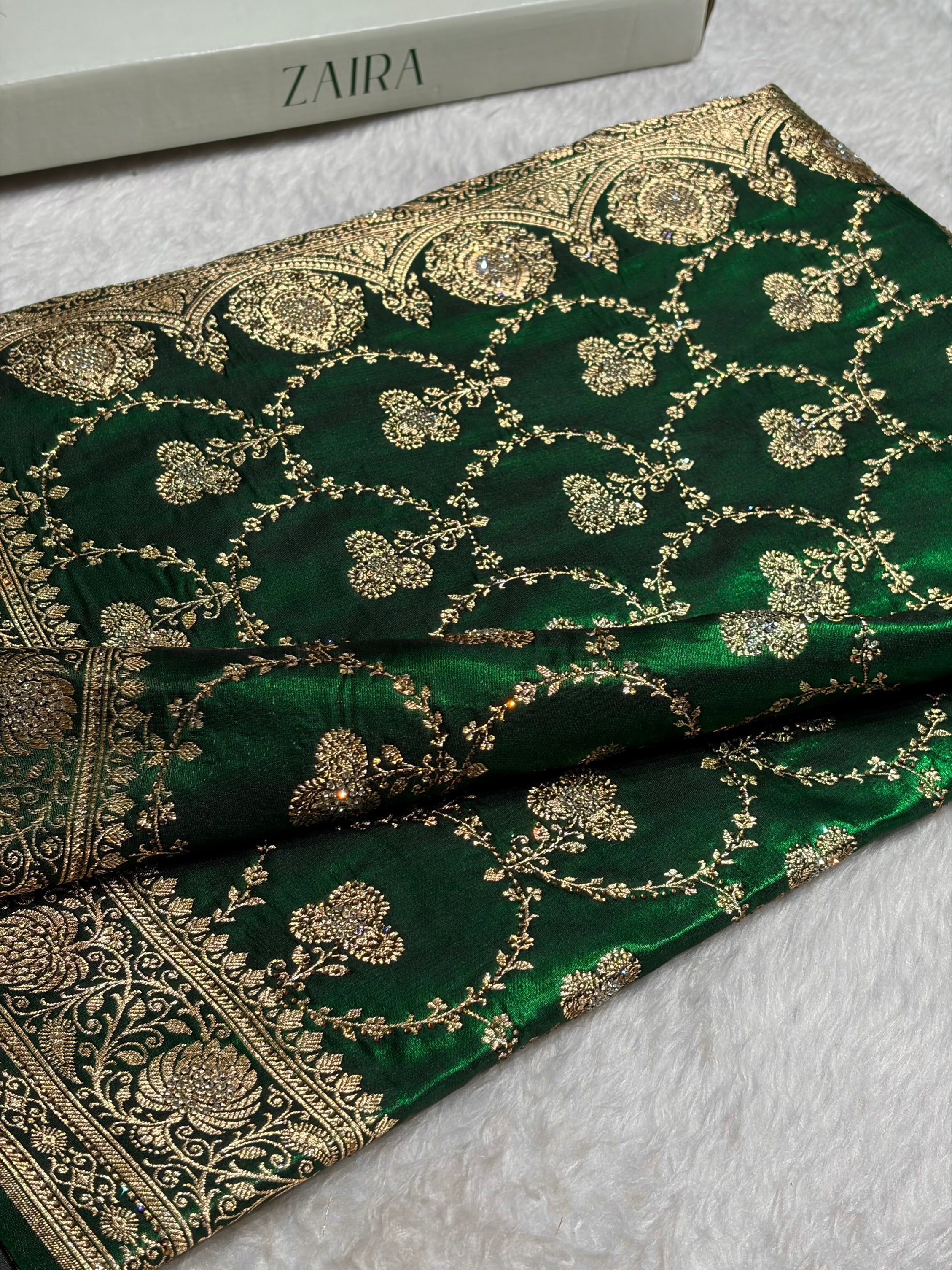 Satin Silk Saree Banarasi Swarovski Work Jaal in Bottle Green Shades BSS23 (R)
