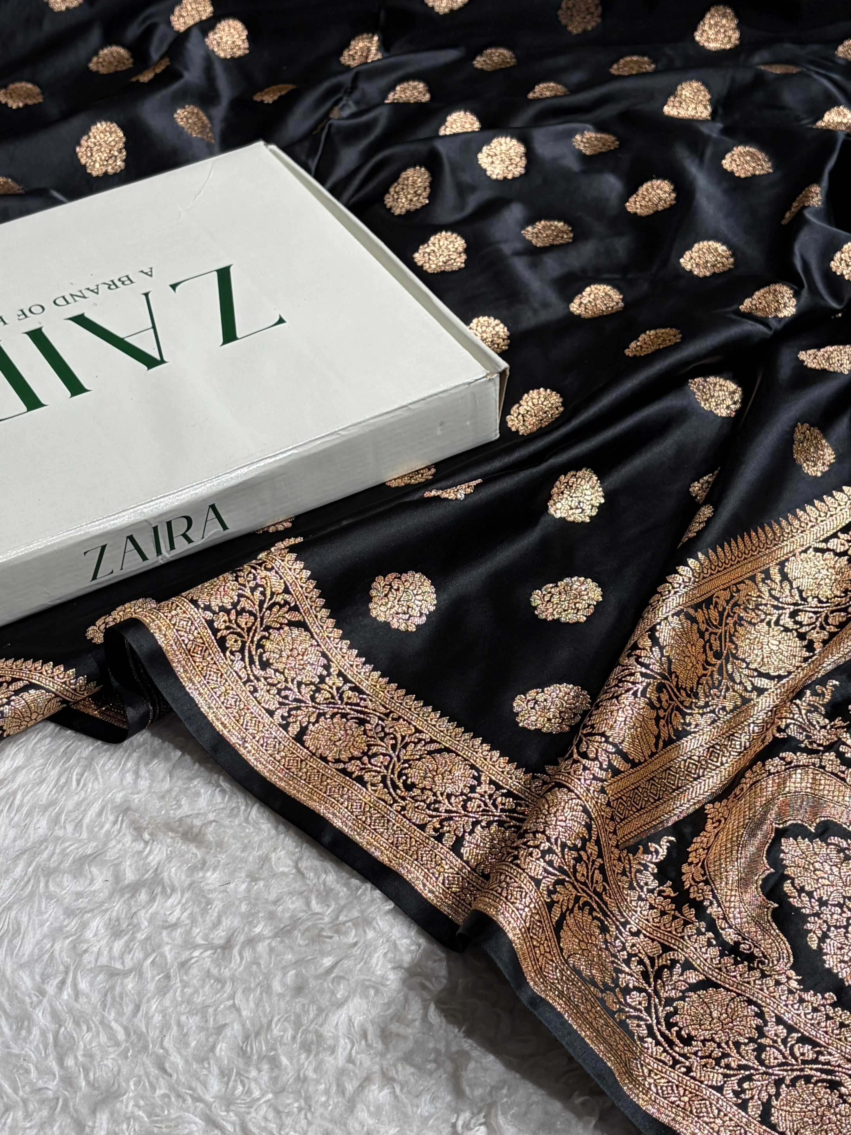 Banarasi Satin Katan Saree With Boota in Black Shades SK109