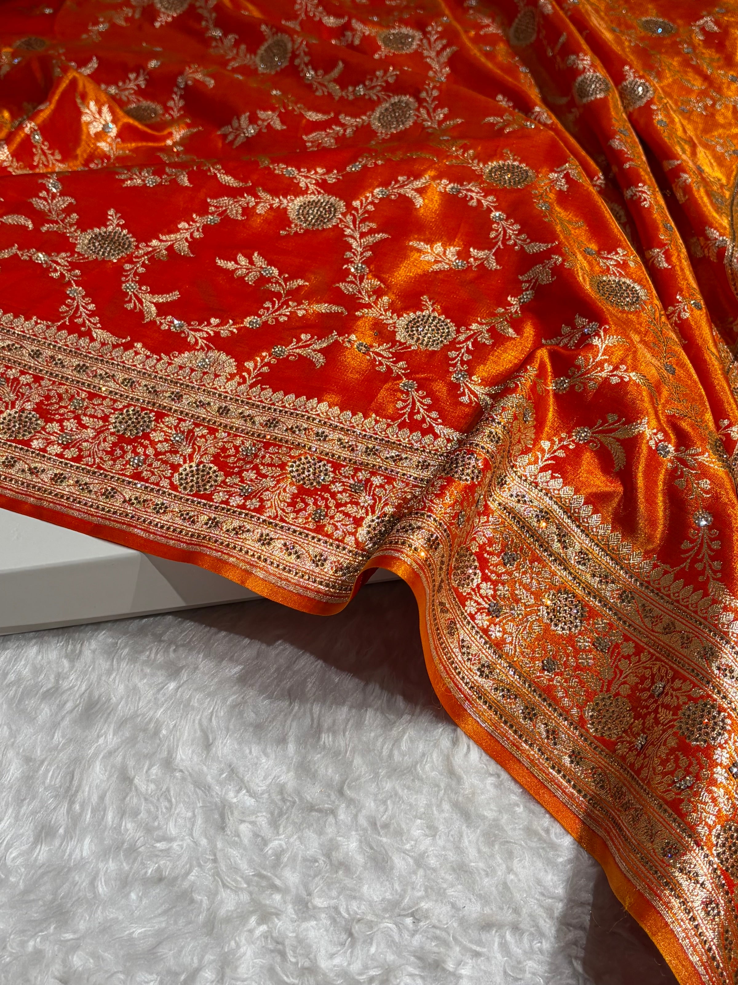 Light Weight Fire Gold Satin Silk Saree with Swarovski work BSS14