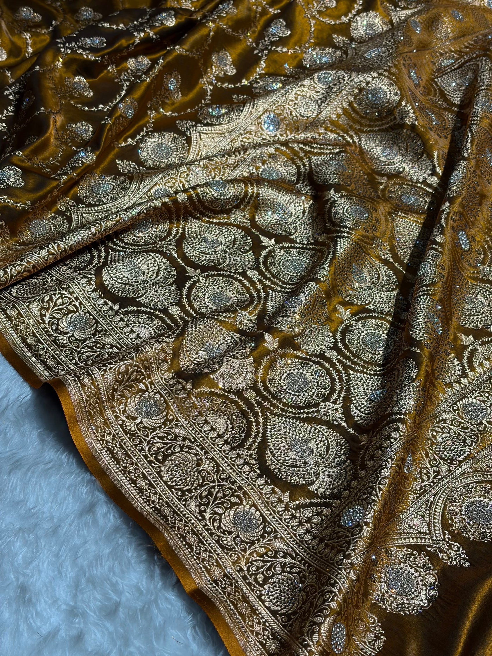 Satin Silk Saree Banarasi Swarovski Work Jaal in Mehendi Shades BSS23 (R)