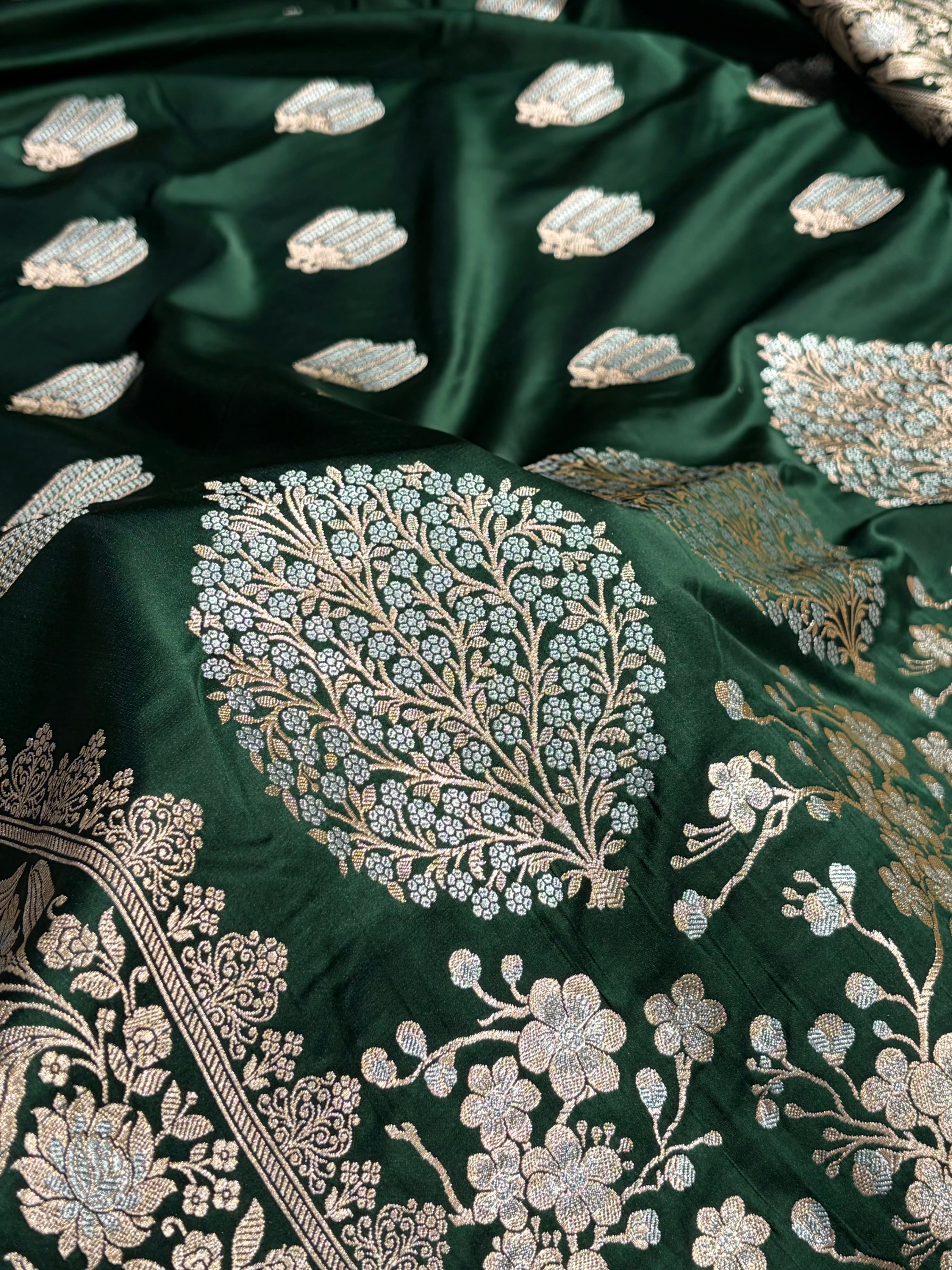 Bottle Green Shades Banarasi Boota Pattern Minakari Floral Mashru Silk Saree MSM-122