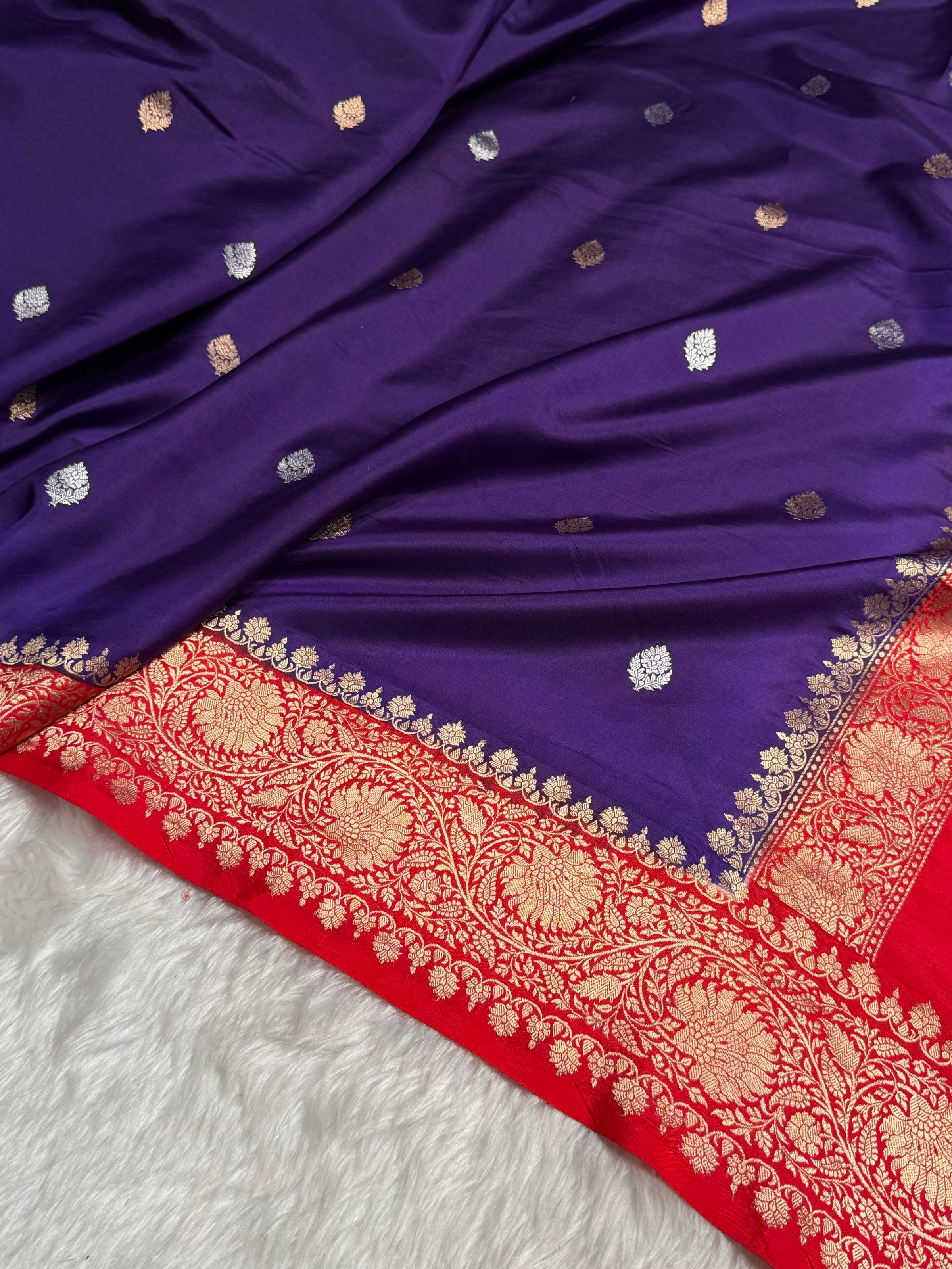 Contrast Purple With Red Boota Handwoven Pure Katan Raw Mango Silk RM-33