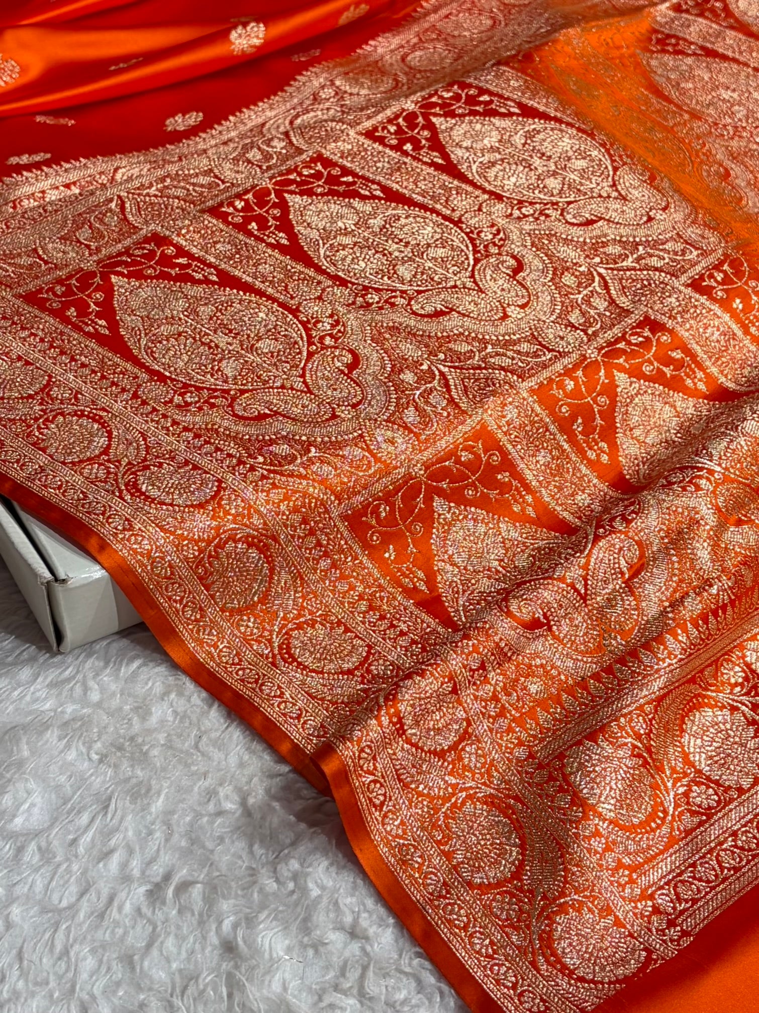 Fanta Orange Floral Boota Pattern Satin Katan Silk Saree SK71