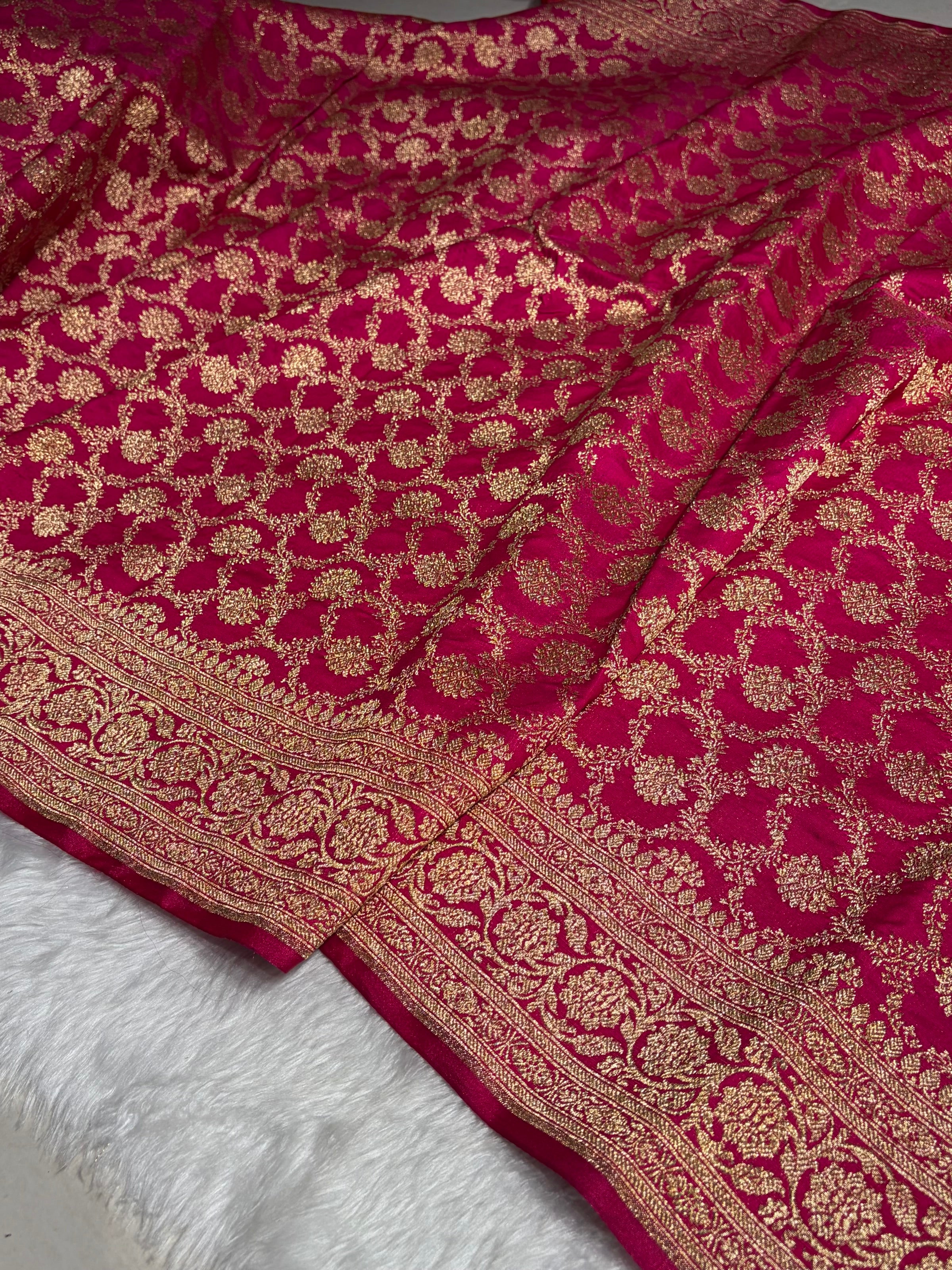 Satin Silk Jaal Pattern in Cross Rani Shades