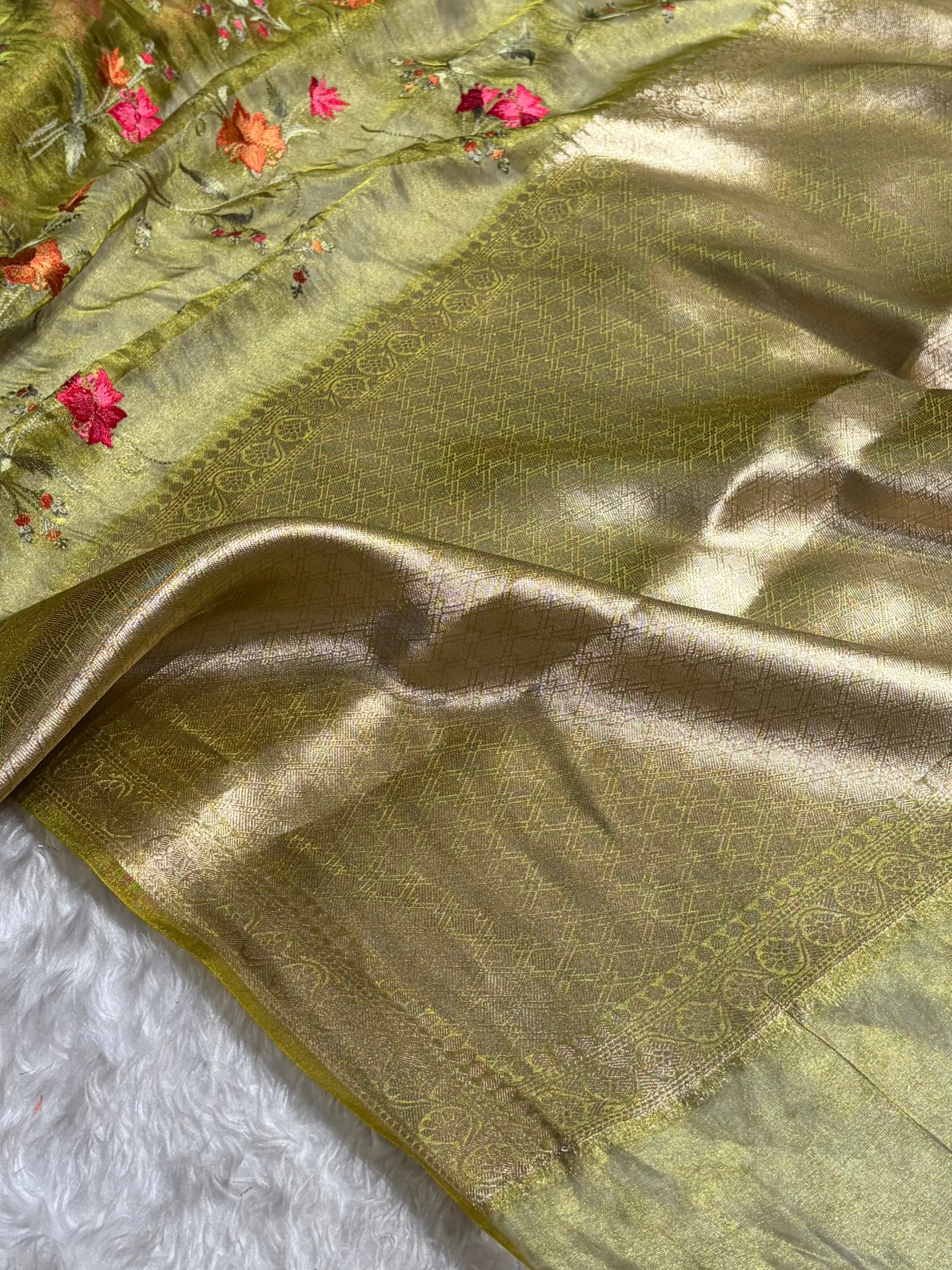 Light Green Shades With Floral Embroidered Pure Tissue Silk Saree with Brocade Blouse PTE-09