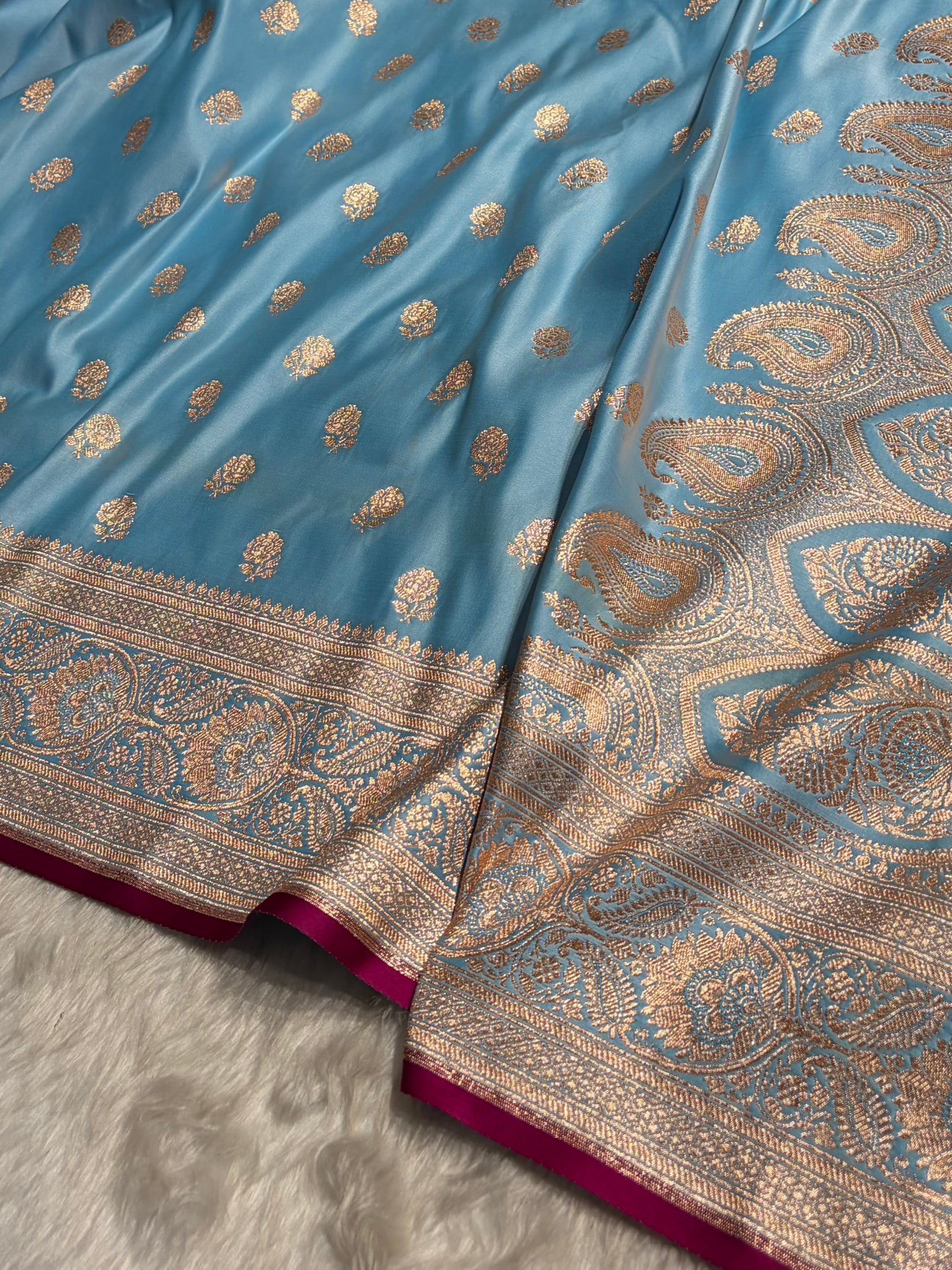 Floral boota Satin katan Silk Saree In Sky Blue Shades SK12
