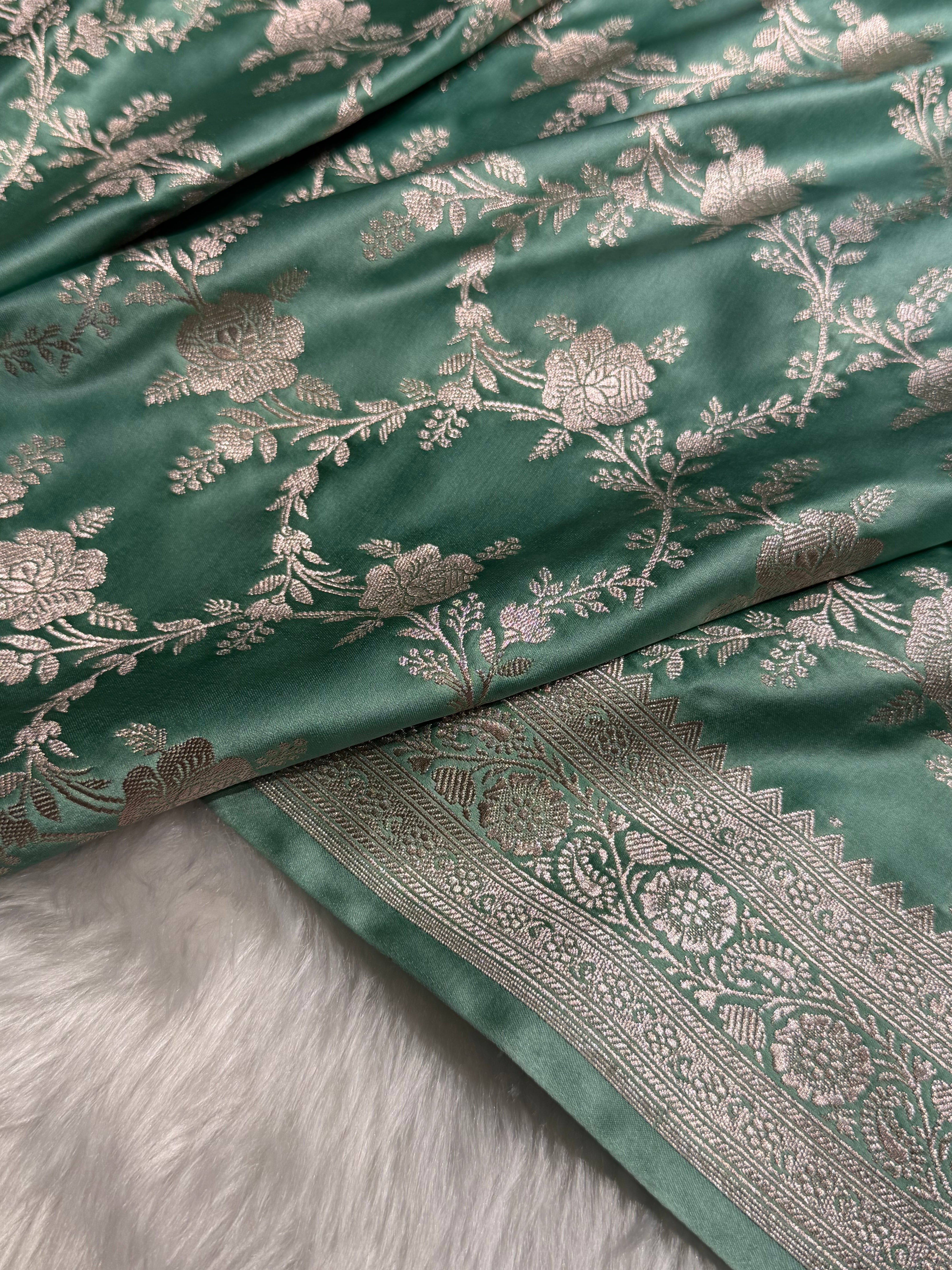 Summer Powder Sea Green Banarasi Floral Jaal Mashru Silk Saree