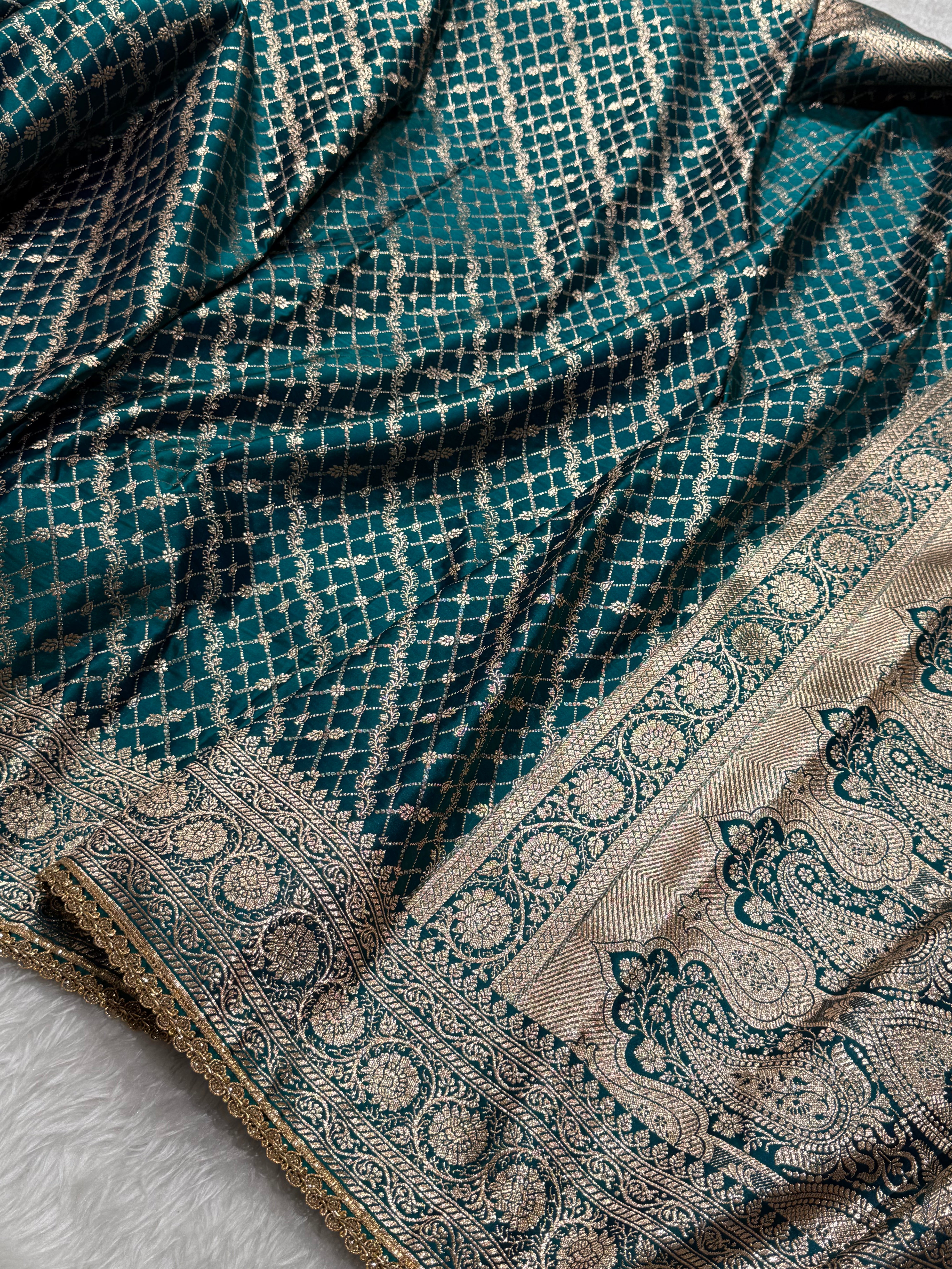 Bridal Banarasi Satin Katan Silk Saree In Peacock Shades with gotta Patti