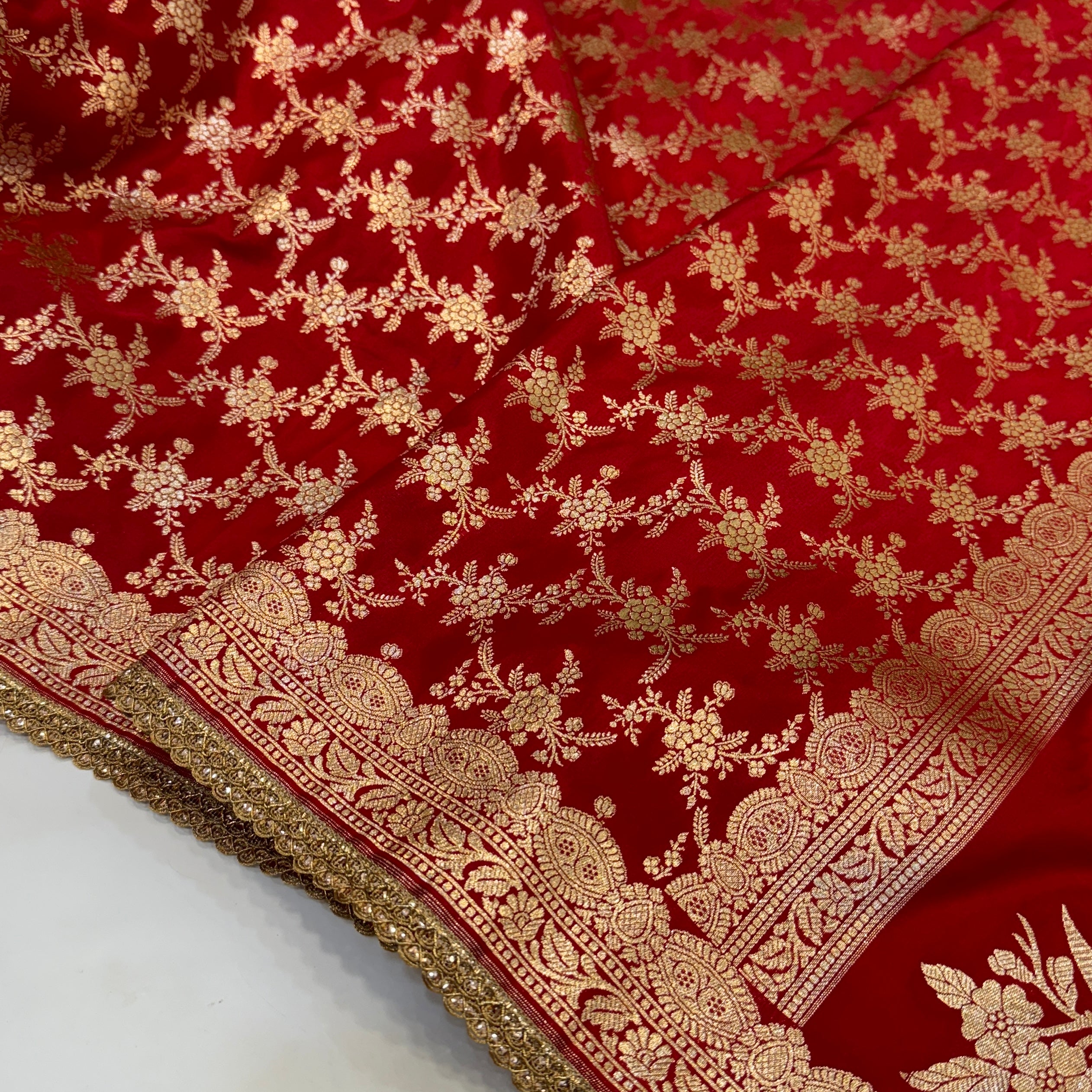 Bridal Red Satin Silk Jaal with brocade Blouse and GOTTA PATTI