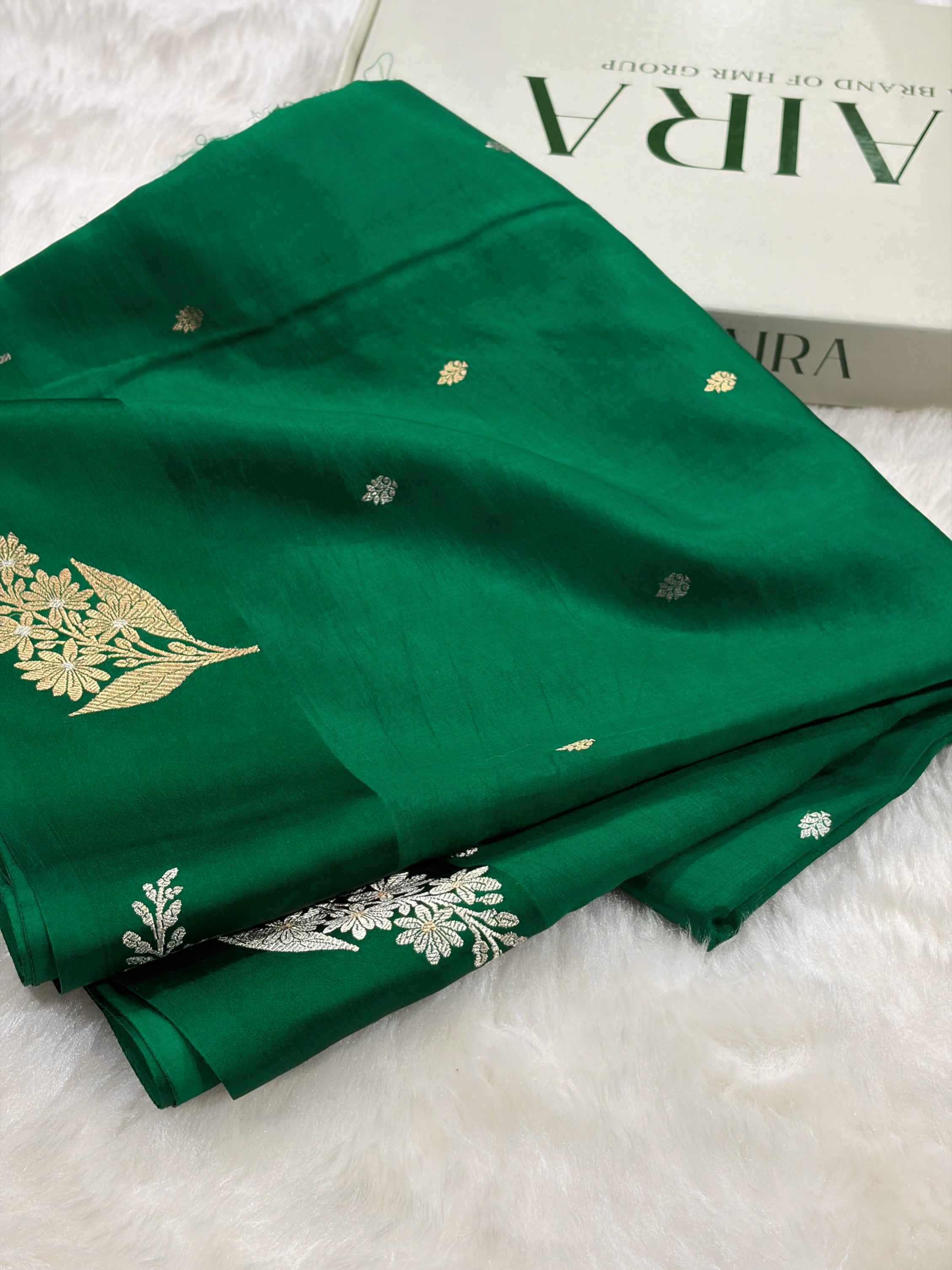 Banarasi Bottle Green Shades Meena Boota Handwoven Pure Katan Paper Silk RM-73